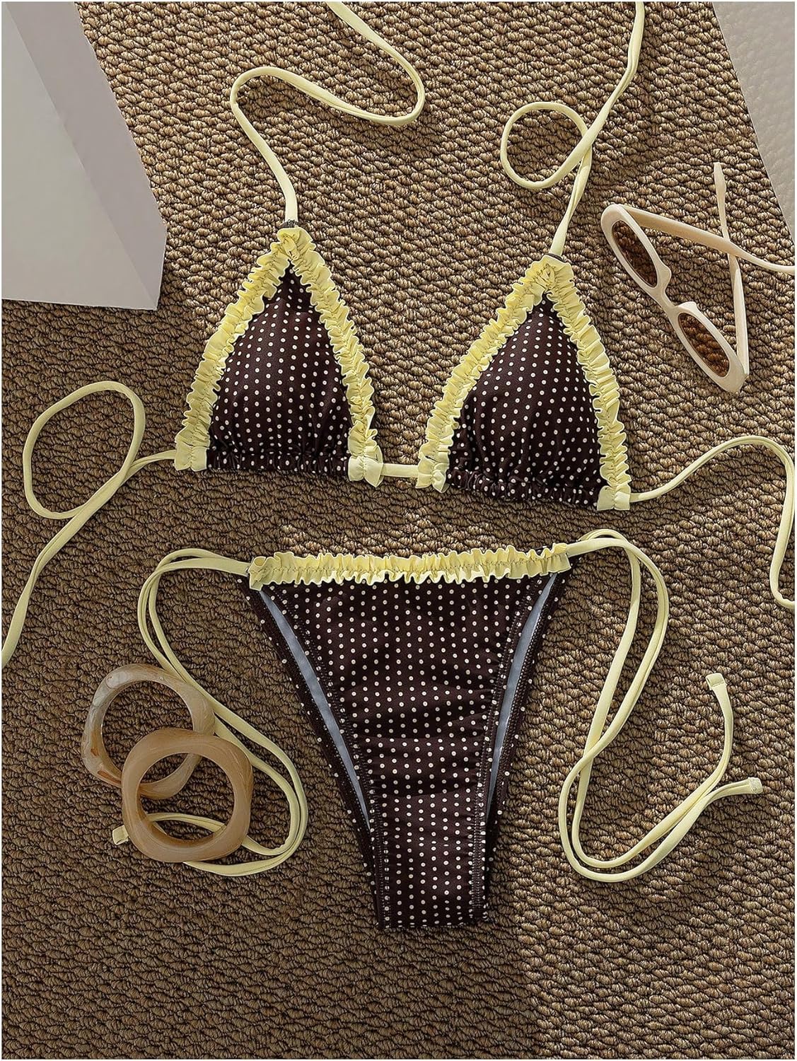 MakeMeChic Women's Polka Dots Triangle Thong Bikini Sets Gingham Halter Cute Swimsuit Bathing Suit
