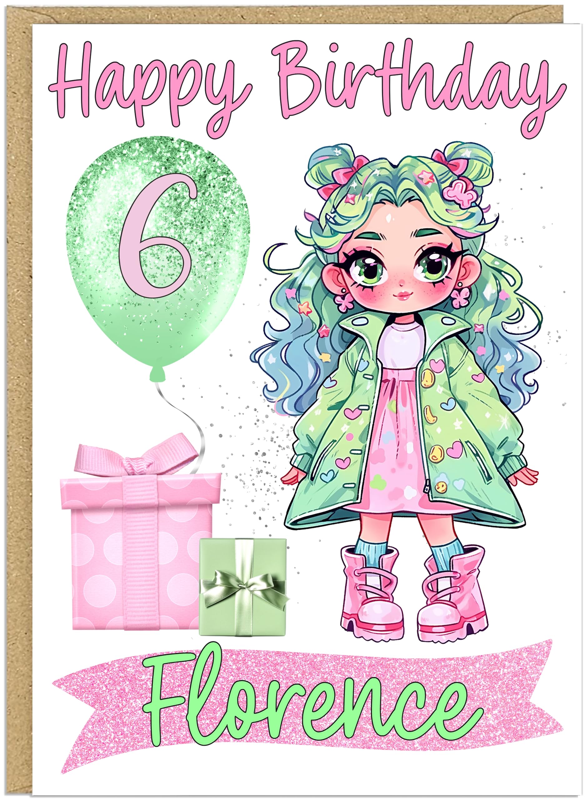 Personalised Age Girls Rainbow Doll Happy Birthday Cards - Own Name & Age In Balloon 5 Cute & Fun Doll Designs Pastel Pink Mint Purple Colourful Cards For Her (Pink & Mint)