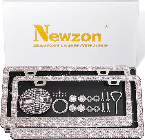 Newzon - Cubierta de matrícula de automóvil con cristales AB adornados, 2 piezas, marcos de matrícula con colores brillantes, caja de regalo,
