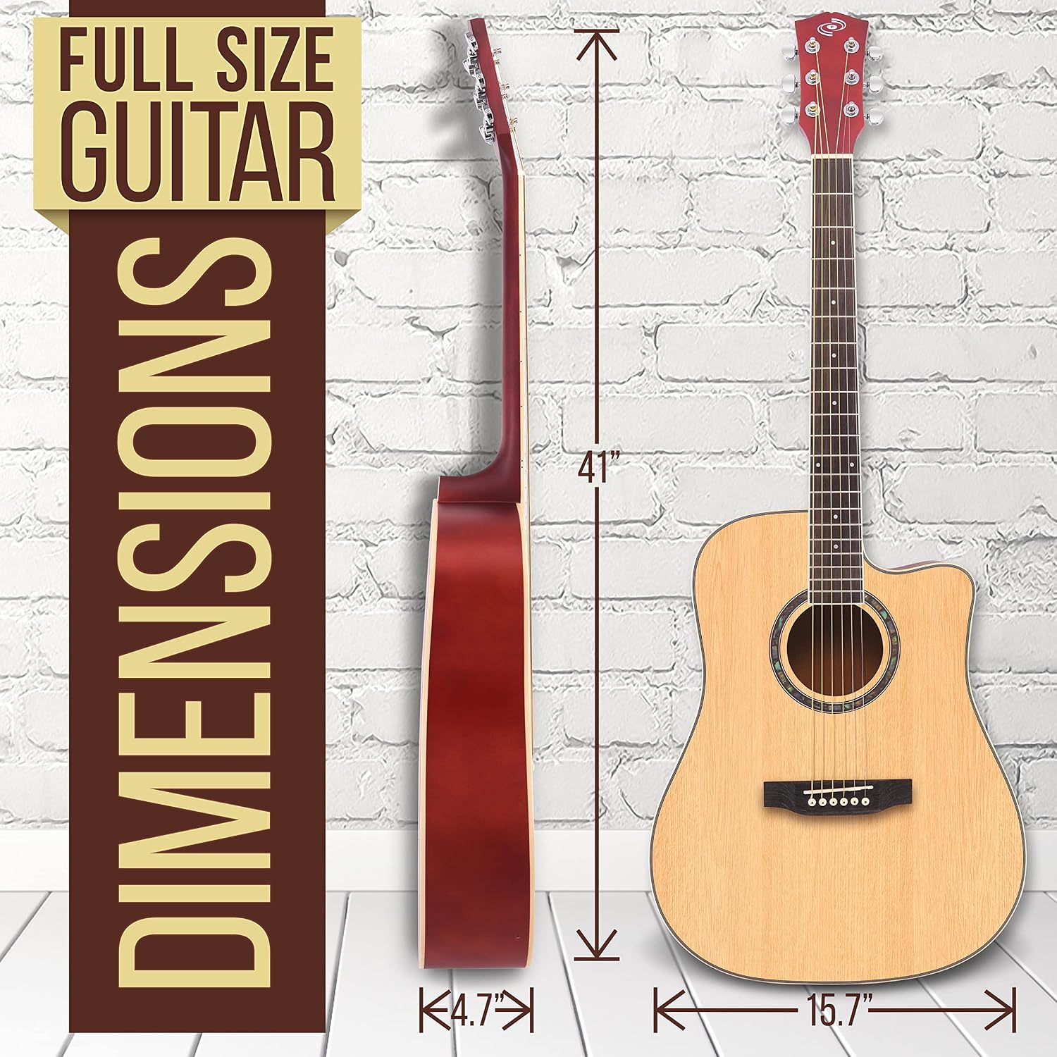 Pyle Full Size Acoustic Guitar Kit, Steel String, Dreadnought Cutaway, with Capo, Upgraded Gig Bag, Digital Tuner, 41” Natural Matte