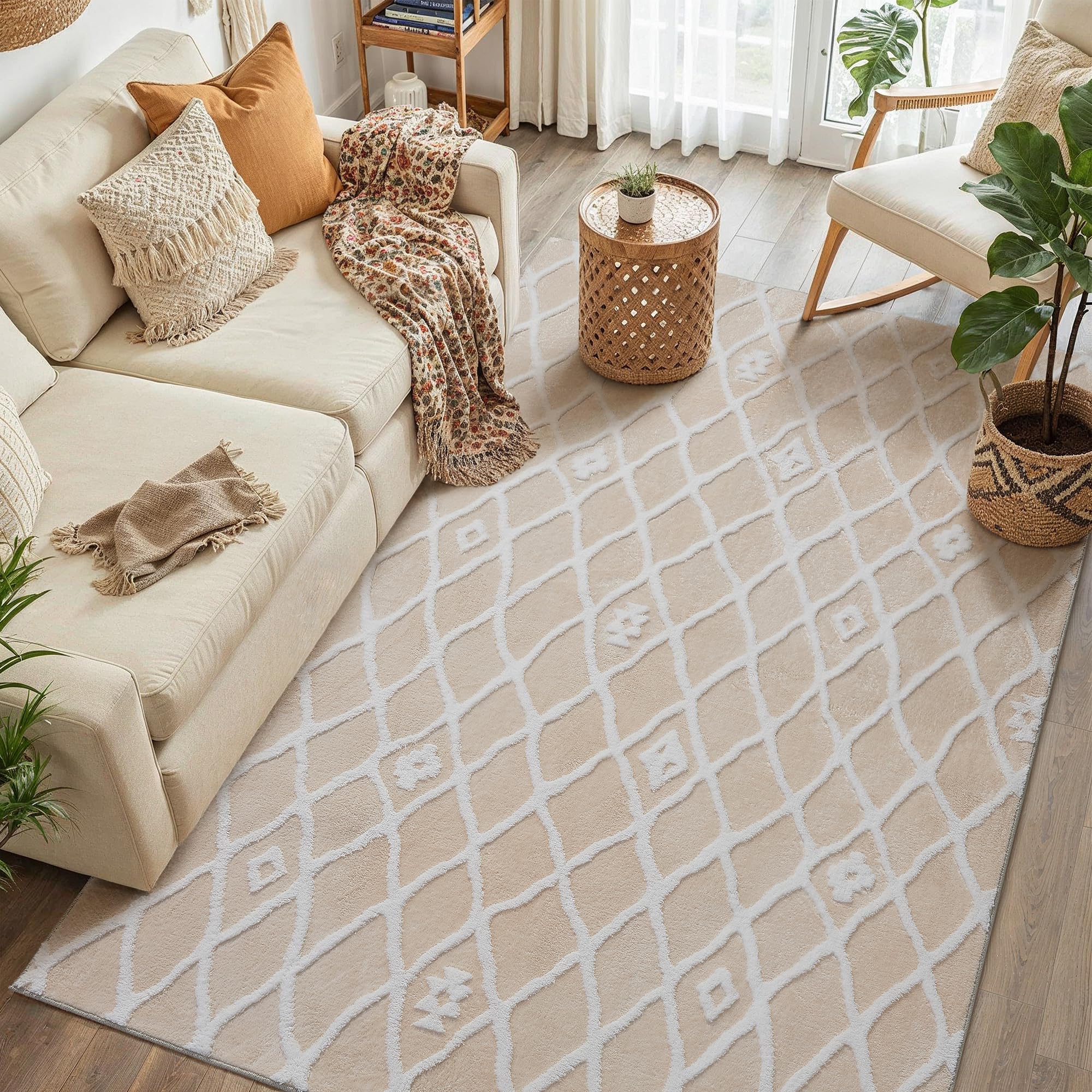 PureCozy Rugs for Bedroom Living Room 120x170cm, Fluffy Neutral Soft Area Rugs with Non-Slip Backing, Machine Washable, Boho Modern Short Pile for Kitchen Dining Room Laundry Office，Ivory White — image 1