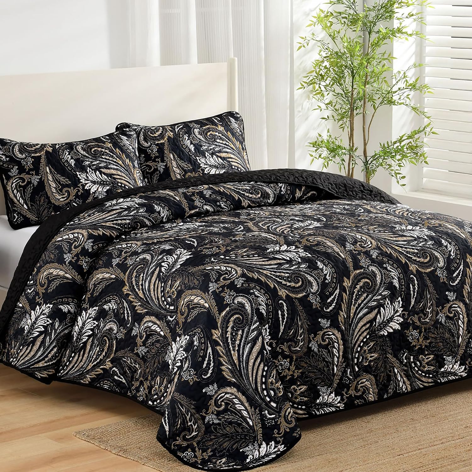WONGS BEDDING Boho Quilt Set King,Black Paisley Floral Pattern Bedspread Coverlet Set with 2 Pillowcases,3 Piece Lightweight Microfiber Bohemian Quilt Bedding Set 104"×90" - Image 2