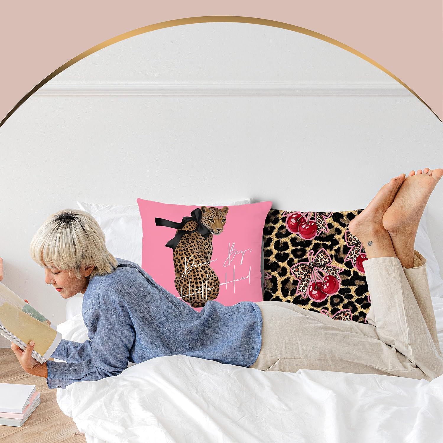 Trendy Pink Leopard Bow Cherry Lucky 8 Ball Pillow Covers 18x18 Set of 4,Leopard Cheetah Print Room Decor,Girly Bedroom Decor,Funky Preppy Y2K Aesthetic Cheetah Decorative Throw Pillow Covers