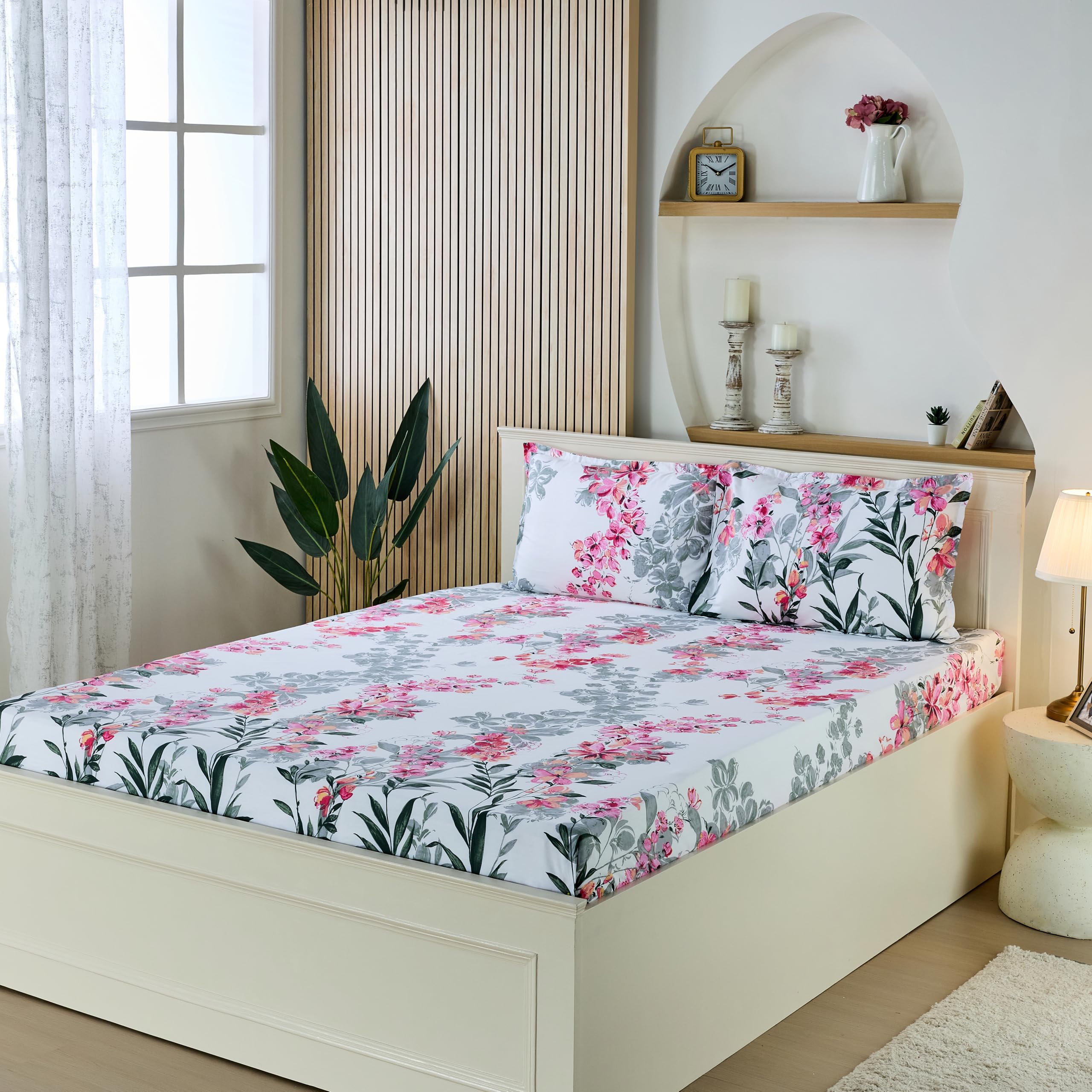 Amazon Brand - Solimo King Size Flat Bedsheet with 2 Pillow Cases | 180 TC | 100% Cotton | Washing Machine Washable | 90 x 108 Inches | Floral Design (Pink)-image-13