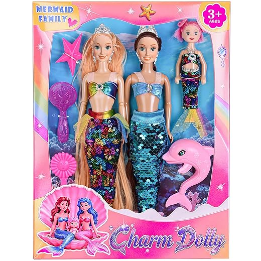 11.5 inch Mermaid Dolls Set with Accessories - Two Princess Dolls, One Small Girl Doll, a Dolphin Toy, One Star Toy, Two Comb- Summer Water Play Birthday Gift for Kids 3+
