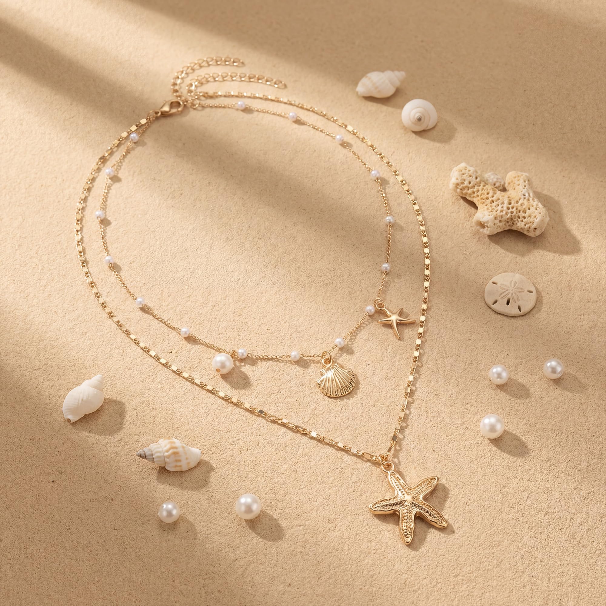 Shell Starfish Necklace for Women, Gold Plated Boho Layered Pendant Necklace with Pearl Conch Charm, Dainty Coastal Summer Beach Vacation Jewelry Gifts — view 6