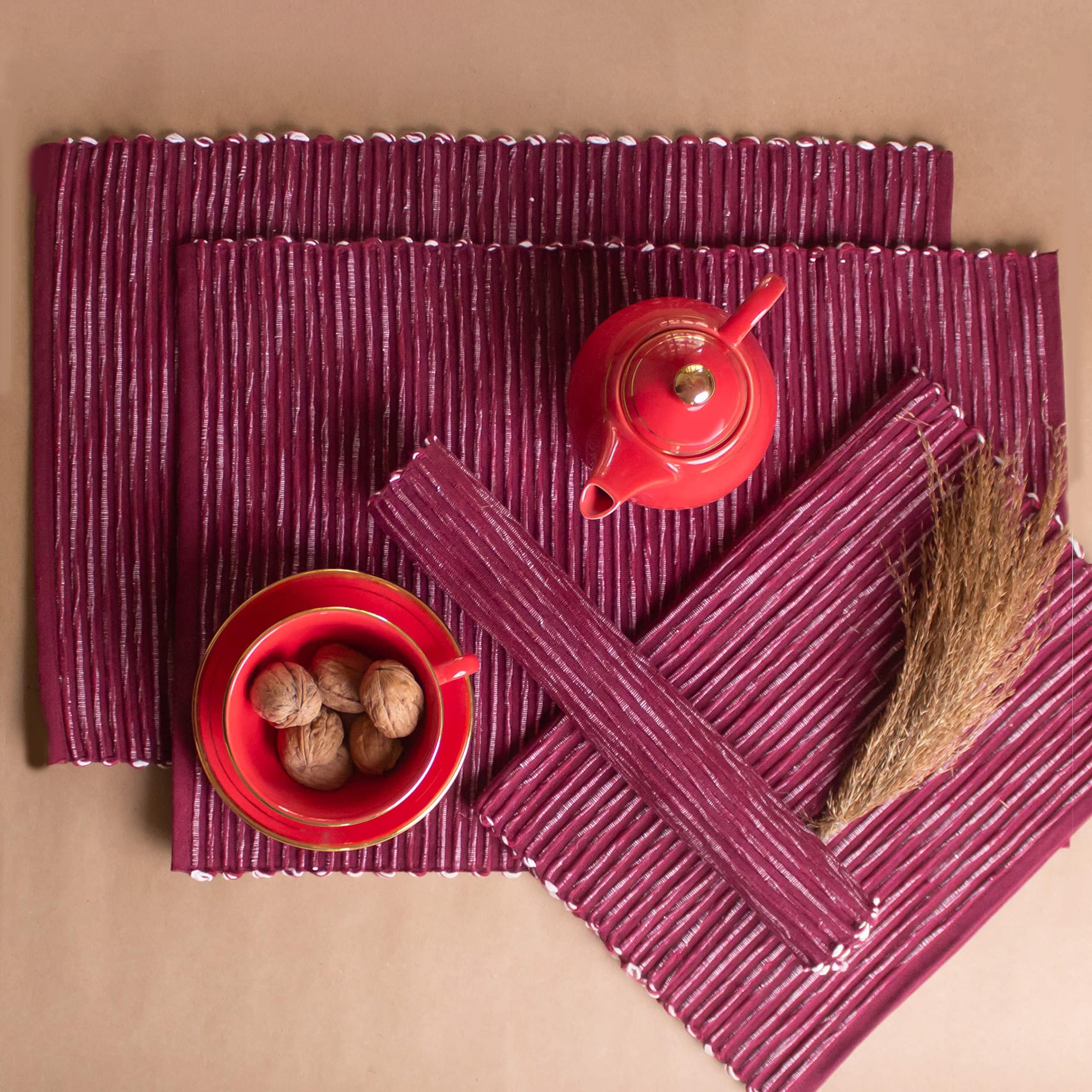 PIXEL HOME DECOR Dining Placemats Fine Ribbed Cotton - Smart Modern Colours & Designs, Use at Home, Cafes, Restaurants & Hotels 45x30 cm (Maroon, Pack of 4)