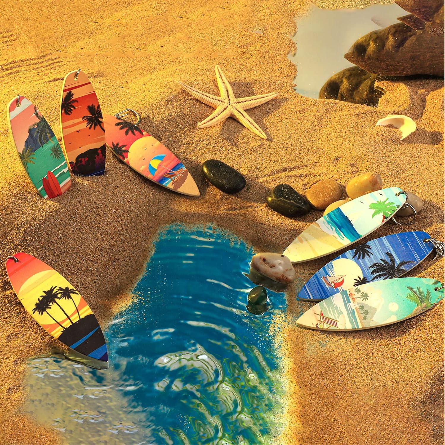 Bucherry 36 Pcs Beach Summer Party Favors Keychain Gifts Bulk Wooden Surfboard Sea Turtle Coconut Tree Christian Religious Key Ring for Hawaiian Luau Florida Bahamas Souvenirs Supplies - Image 7