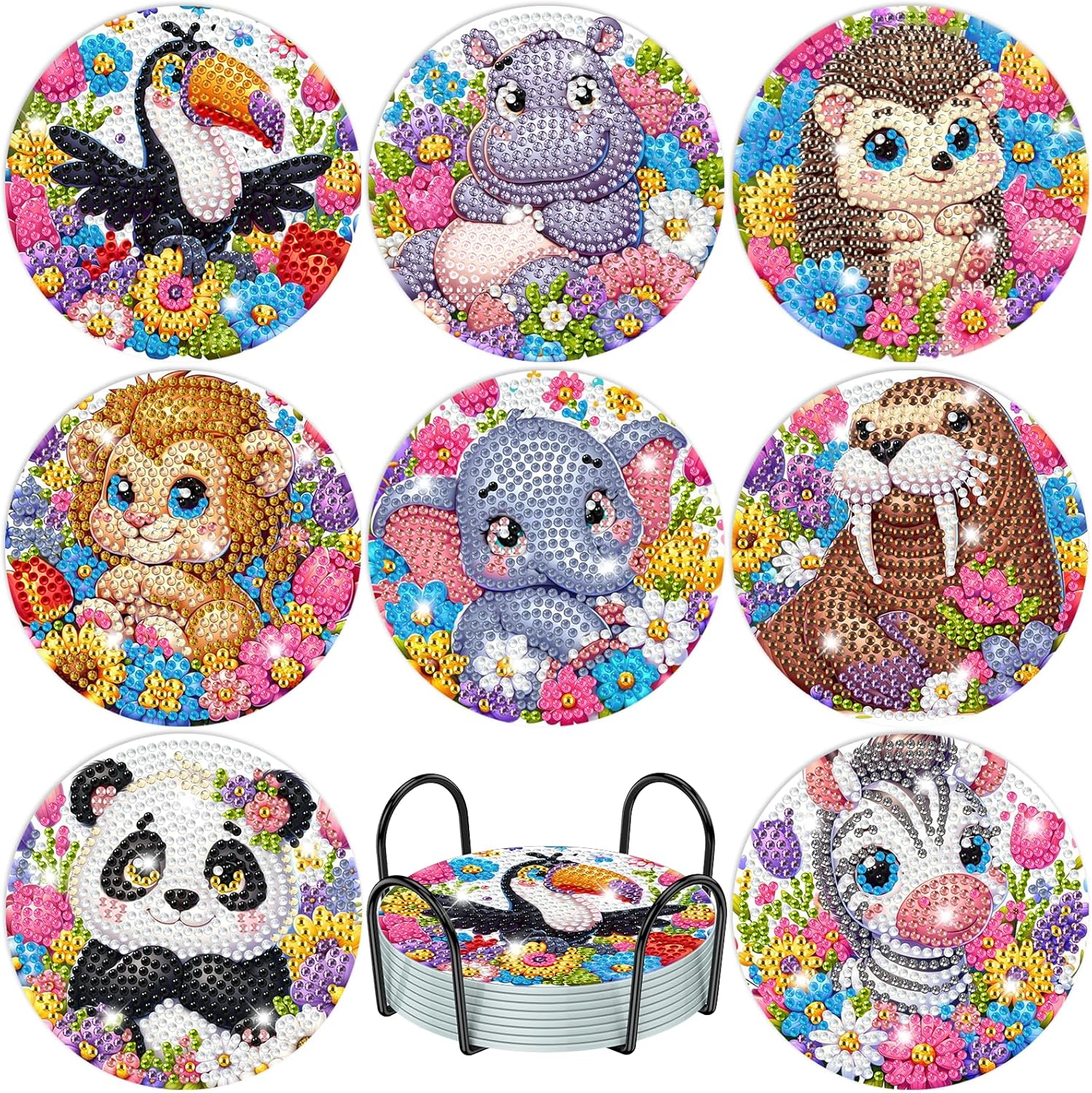 RICUVED 8 Pcs Diamond Painting Coasters Kits with Holder, Cartoon Diamond Art