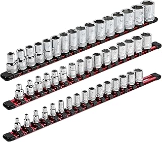 ARES 70204-3-Piece Aluminum Socket Organizer - 1/4-Inch, 3/8-Inch, and 1/2-Inch Drive Socket Rails Hold 48 Sockets and Keep Your Tool Box Organized