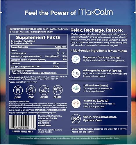 Miniatura 3 de Mezcla de bebida relajante Sabor a limonada de frambuesa Suplemento de magnesio y Ashwagandha KSM-66 Apoya la relajación 30 paquetes de una sola