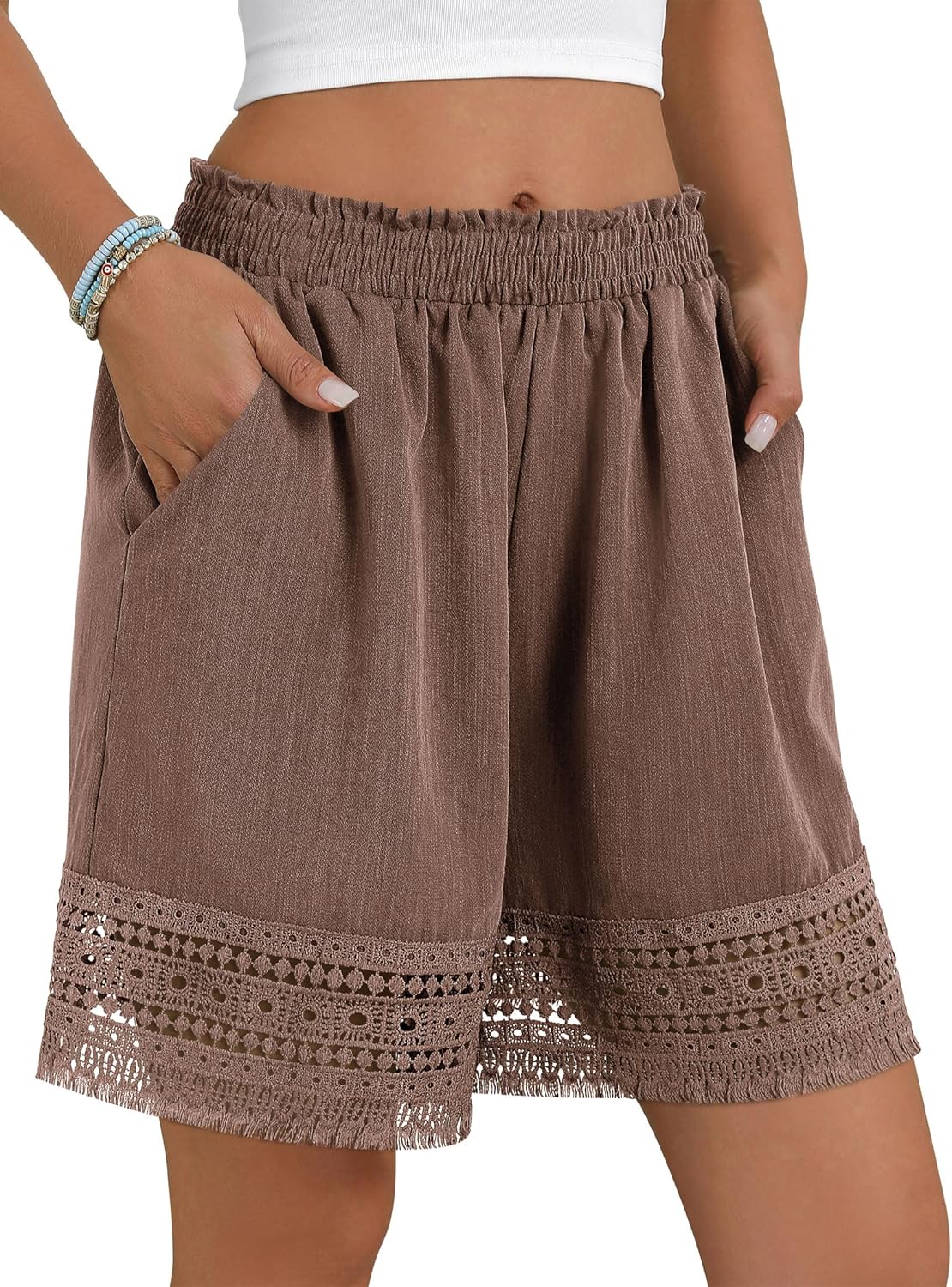 Women's Casual Elastic Waist Lounge Shorts Comfy Stretch Lace Trim Summer Beach Linen Ruffle Shorts - Image 2