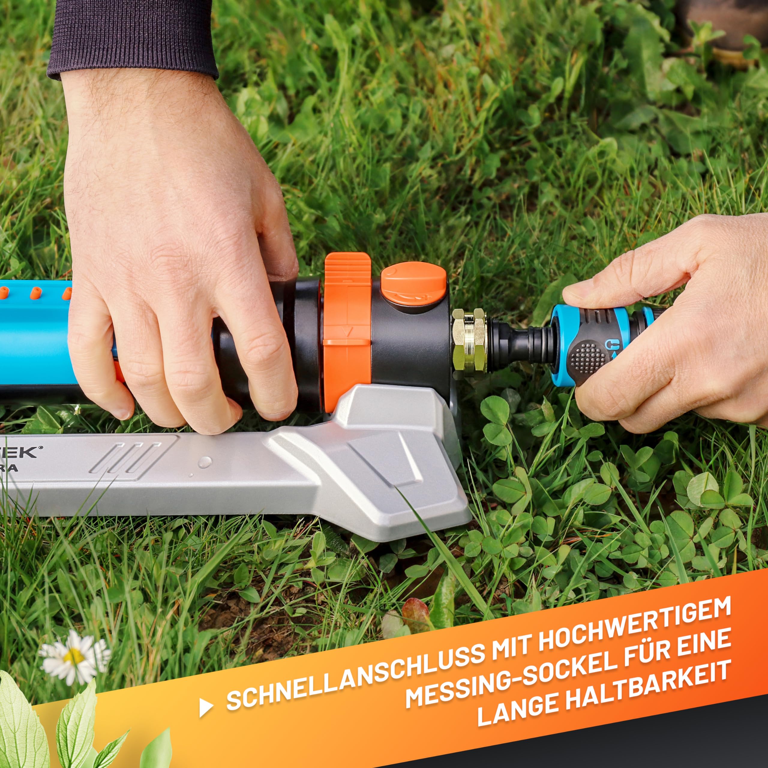 GRÜNTEK Metall Oszillations-Rasensprenger, Beregner mit flexiblem Bewässerungsbereich, Rasen-Sprenger, Sprinkler mit Turbo-Motor, bis 462 m²