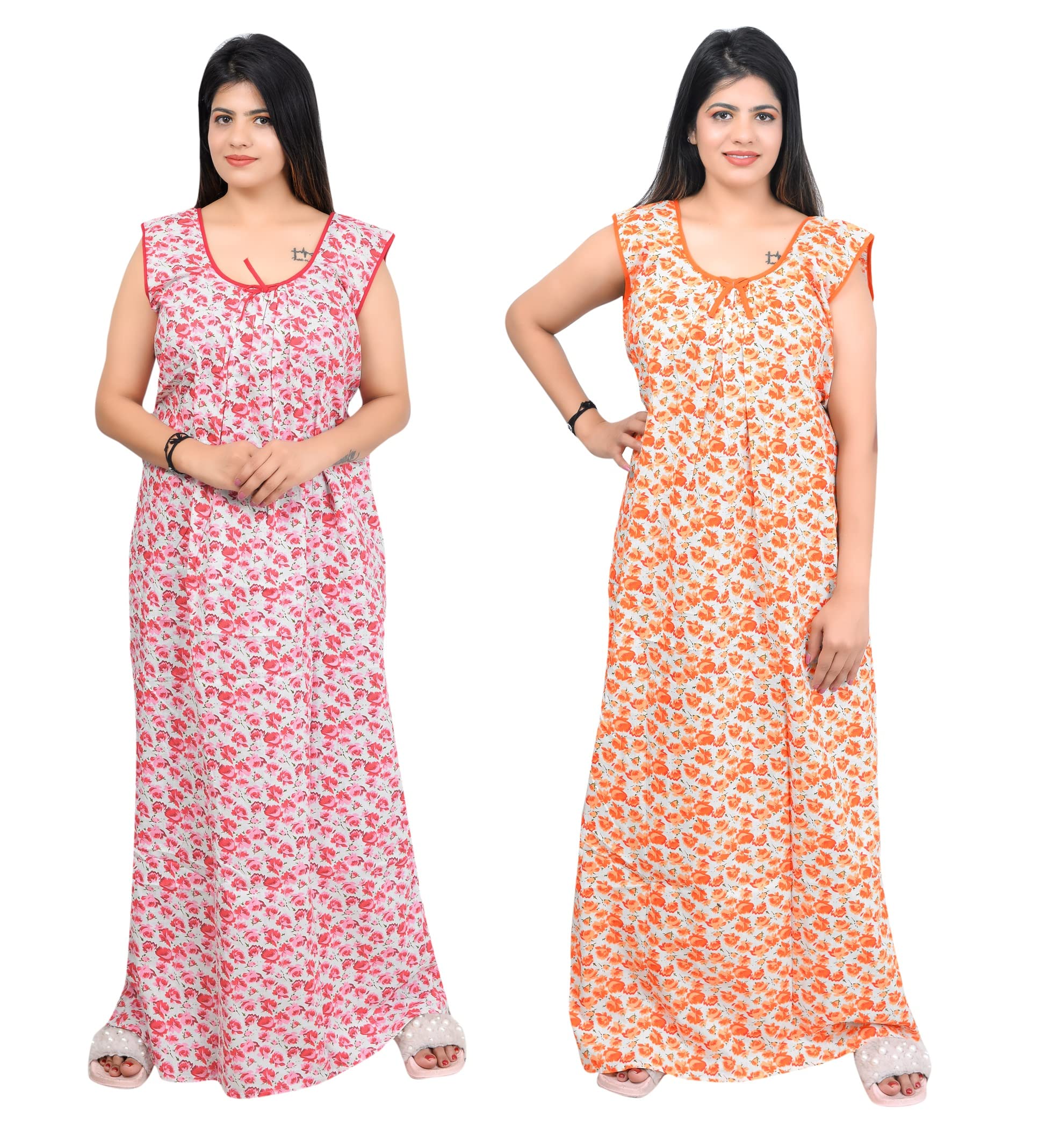 MNN Magnen Women's Pure Cotton Rose Printed Sleeveless Maxi Nighty (Red&Orange, Pack Of 2)_ (Free Size)