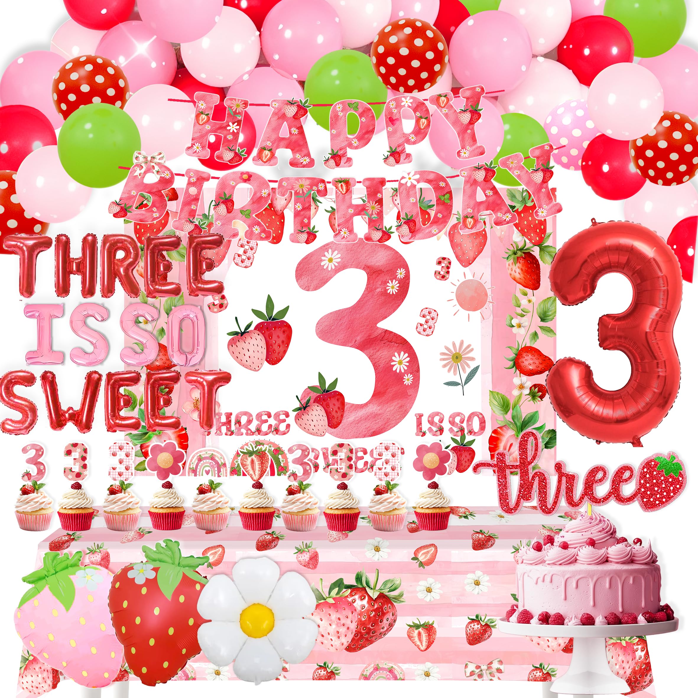 Strawberry 3rd Birthday Decorations Girl Three is so sweet Party Pink 3rd Birthday Party Supplies Decorations Backdrop, TableCloth,Strawberry Balloon,Cake Topper,Balloons,Cupcake Topper
