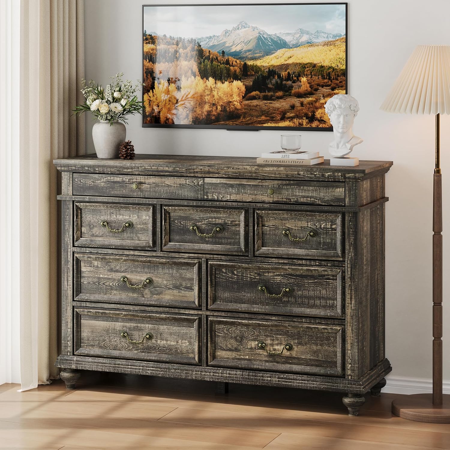 IDEALHOUSE 47" Farmhouse Dresser for Bedroom with 9 Drawers, Rustic Wood Chest with Vintage Metal Handles for Bedroom, Large Storage Organizer for Living Room, Entrance, Dark Oak