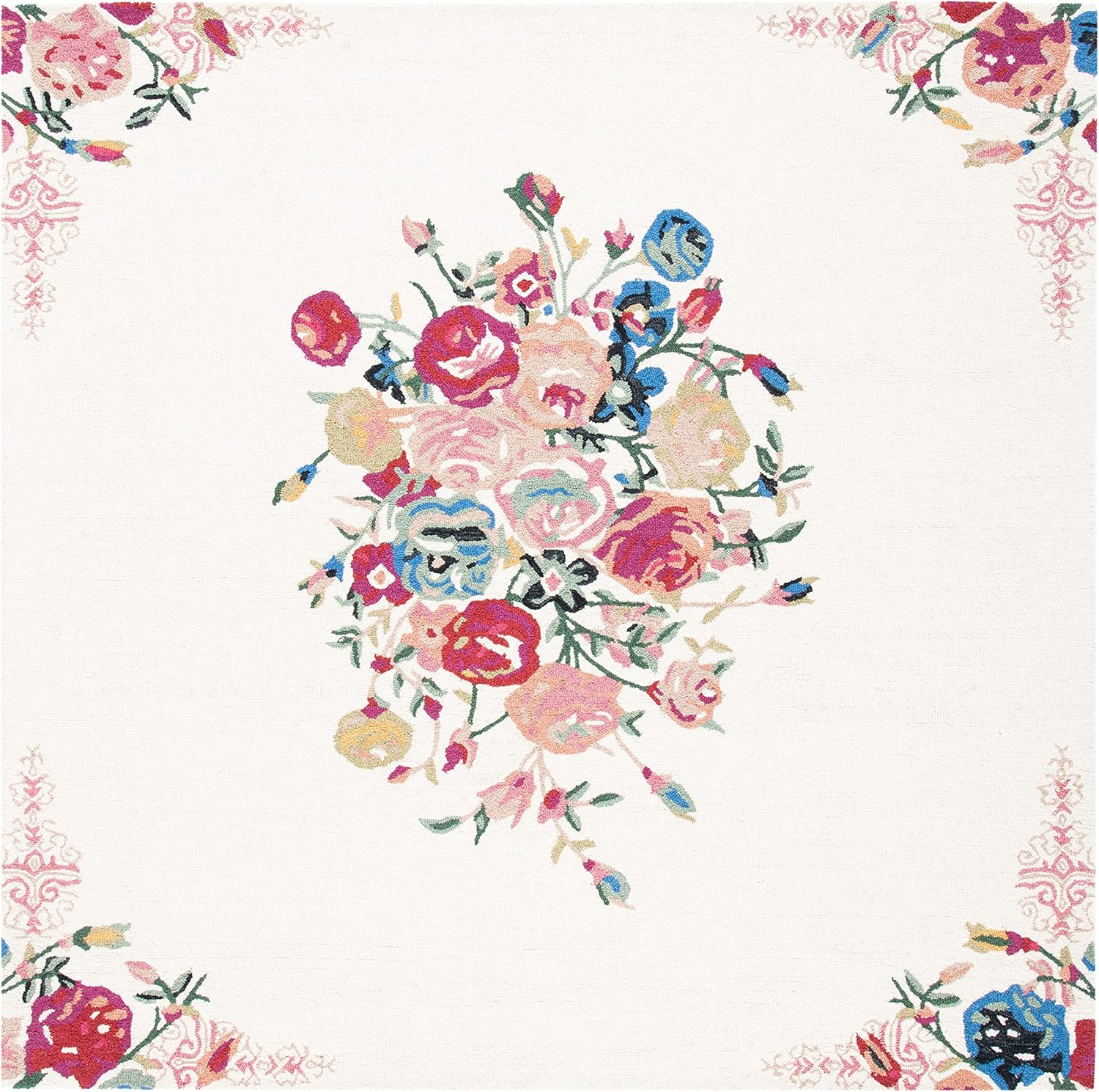 SAFAVIEH Blossom Collection Area Rug - 7' Square, Pink & Ivory, Handmade Wool, Ideal for High Traffic Areas in Living Room, Bedroom (BLM575U)