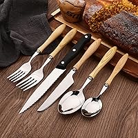 Vista 3 de Juego de cubiertos con mango de madera, 24 piezas (4 juegos), juego de cubiertos con cuchillos para carne, vajilla de acero inoxidable 304, Amarillo