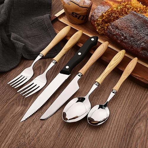 Miniatura 3 de Juego de cubiertos con mango de madera, 24 piezas (4 juegos), juego de cubiertos con cuchillos para carne, vajilla de acero inoxidable 304,