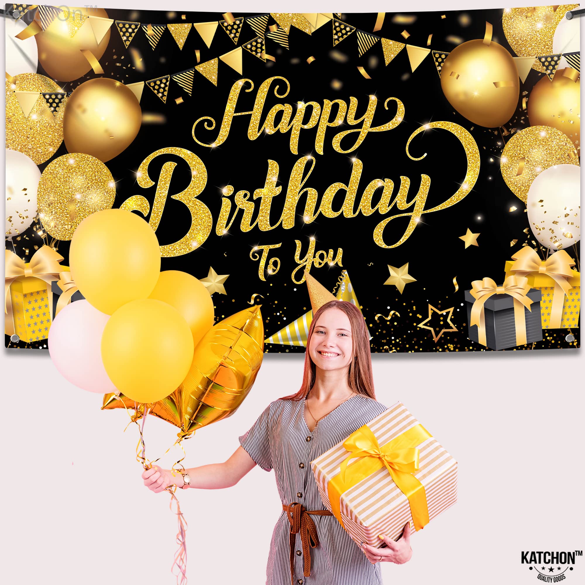 KatchO Schwarz-goldenes „Happy-Birthday“-Banner/Schild, Hintergrundbanner für „Happy-Birthday“-Dekorationen, Partydekorationen für Männer und Frauen, XL, 182,9 x 111,8 cm