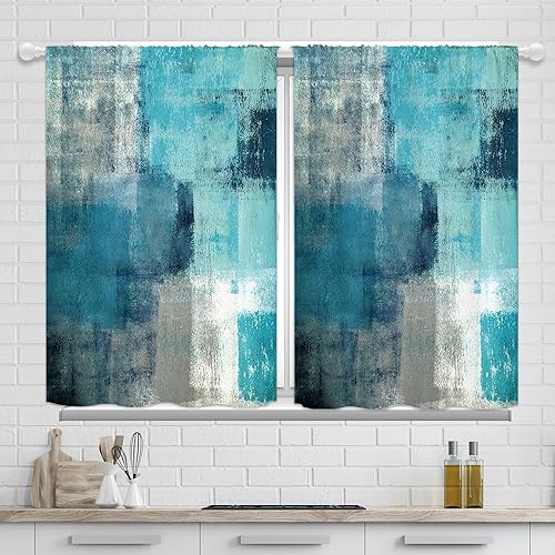 Miniatura 2 de Yorida Cortinas de cocina turquesa y verde azulado, cortinas de ventana pequeña de granja azul y gris, cortinas rústicas de campo, estilo bohemio,