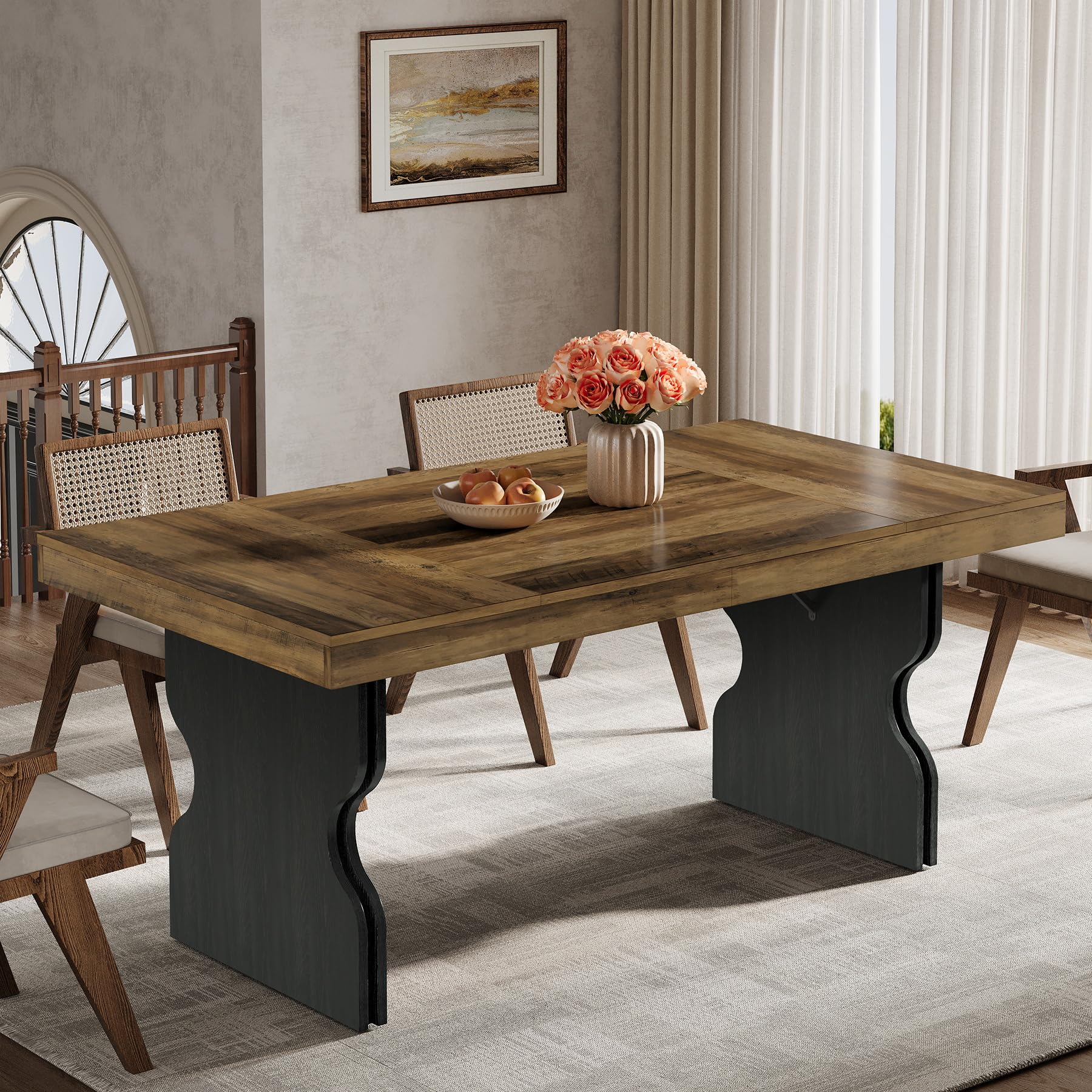 Tribesigns Table à manger rectangulaire rustique de 160 cm pour 4 à 6 personnes, table de cuisine de ferme stable en MDF pour salon, bureau, restaurant, multi-usages, chêne