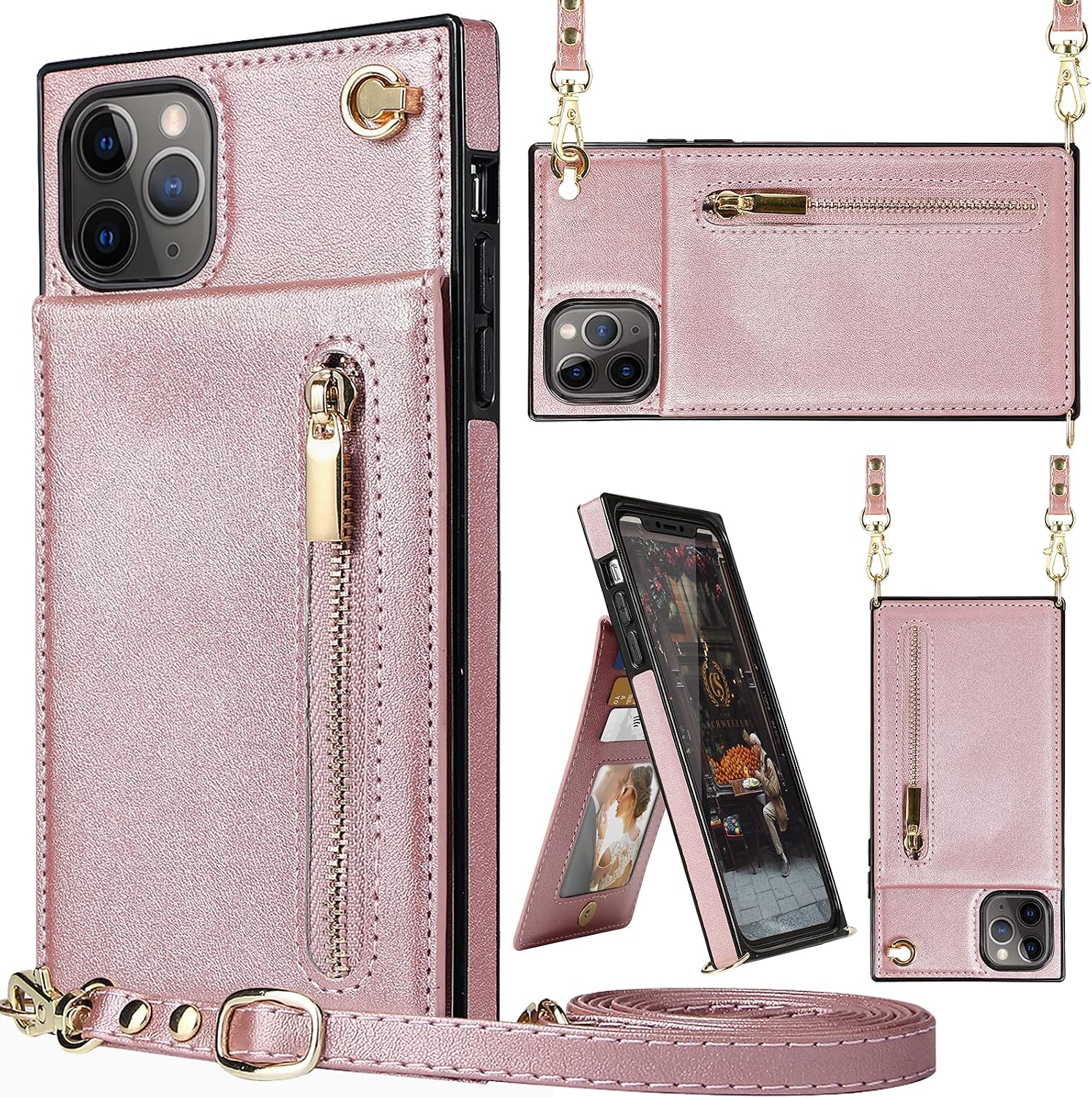 iPhone 11 Pro Max case,Crossbody Wallet Case Leather with Card Holder,Kickstand,Magnetic Closure Zipper Purse,Removable Strap,Square Corners Protective Back Cover for iPhone 11 Pro Max-Rose Gold