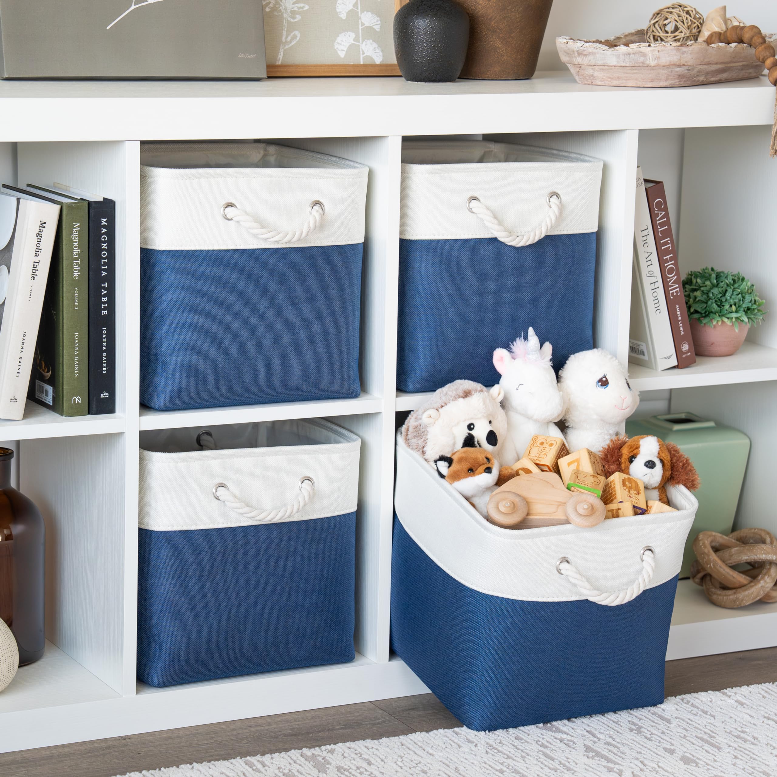 OrganiHaus Set di 4 Cubi Scatole Portaoggetti 30x30, Cestini Portaoggetti in Tessuto con Manici in Corda, Cubi Portaoggetti Pieghevoli per Libreria Kallax, Cestino per la Cameretta. Blu navy