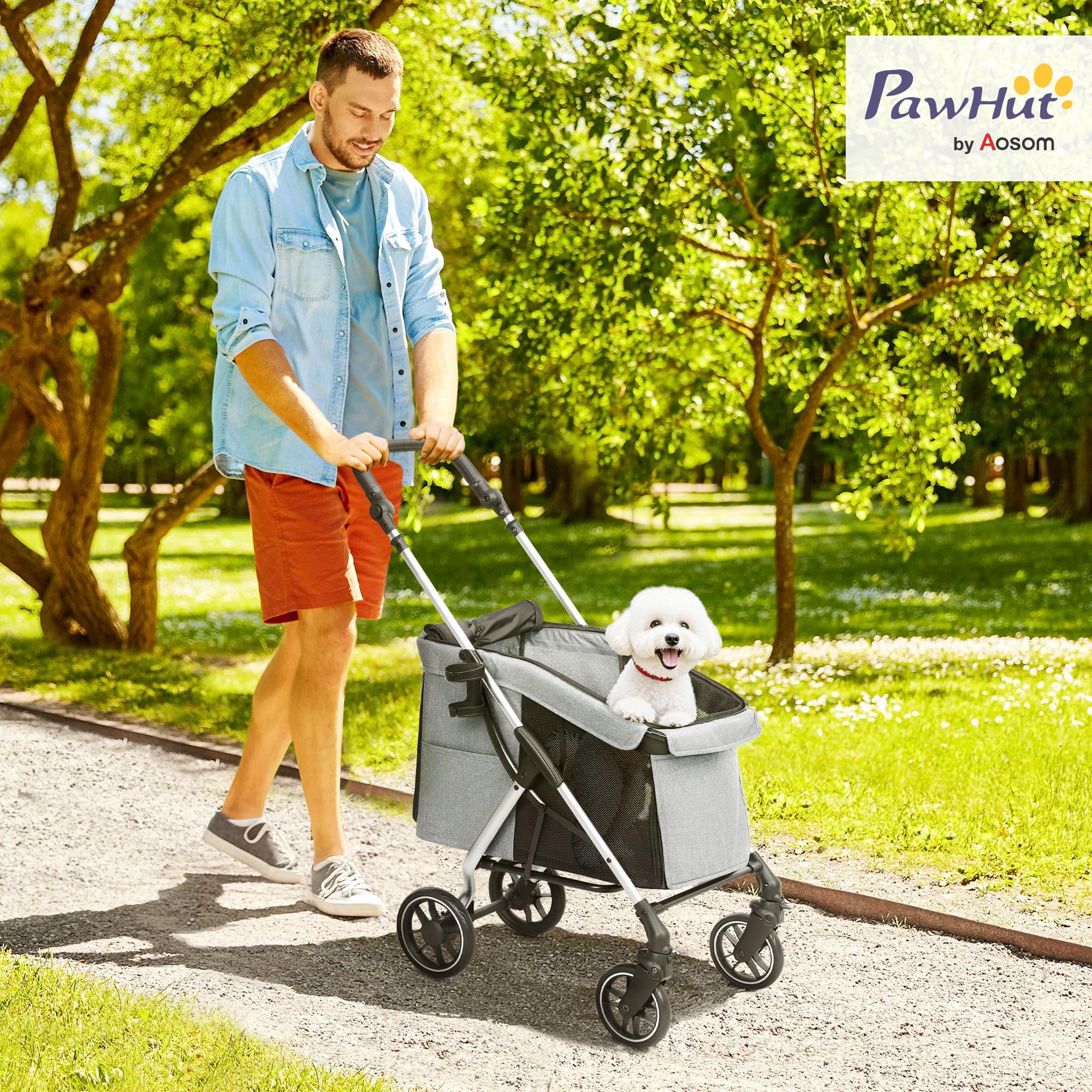 PawHut Carrito para Perros Plegable, Cochecito para Perros Pequeños y Seniors, Hasta 10 kg, Ruedas con Frenos 360º, Marco de Aluminio, Correa de Seguridad, Cojín Lavable y Ventanas, Gris