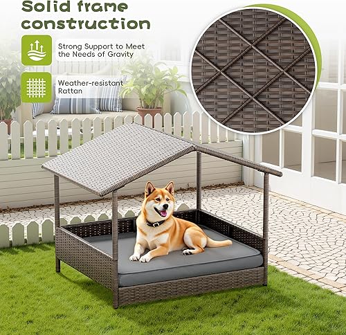Miniatura 3 de WARCAT Casa de mimbre para perros, cama elevada para interiores y exteriores, para perros pequeños y medianos, con cojín extraíble, funda lavable,
