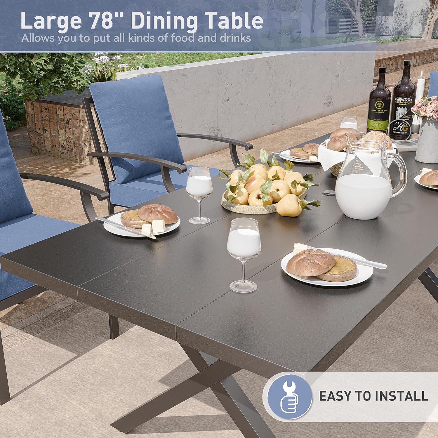 Kurapika 9 Pieces Patio Dining Set Outdoor Furniture with 2 Swivel Chairs and 6 Fixed Chairs, Metal Patio Furniture Set 8 Chairs and Large Table with Umbrella Cutout for Yard Porch, Navy Blue
