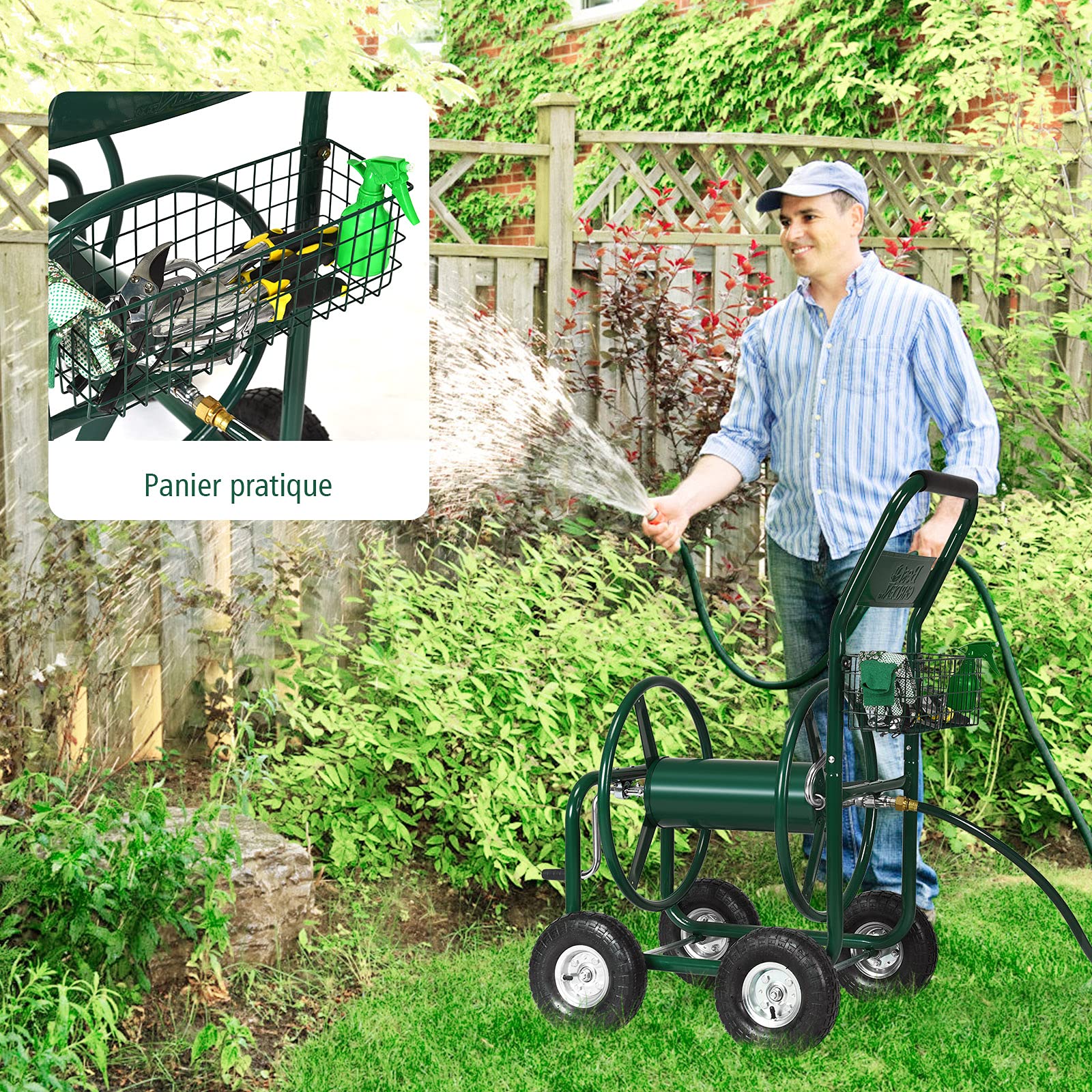 RELAX4LIFE Chariot Dévitoir d’Arrosage Mobile, Enrouleuer Tuyaux en Métal avec Roues et Panier, Système Robuste d’Irrigation et de Jardinage, Idéal pour Arrosage des Plantes et Nettoyage de Véhicule