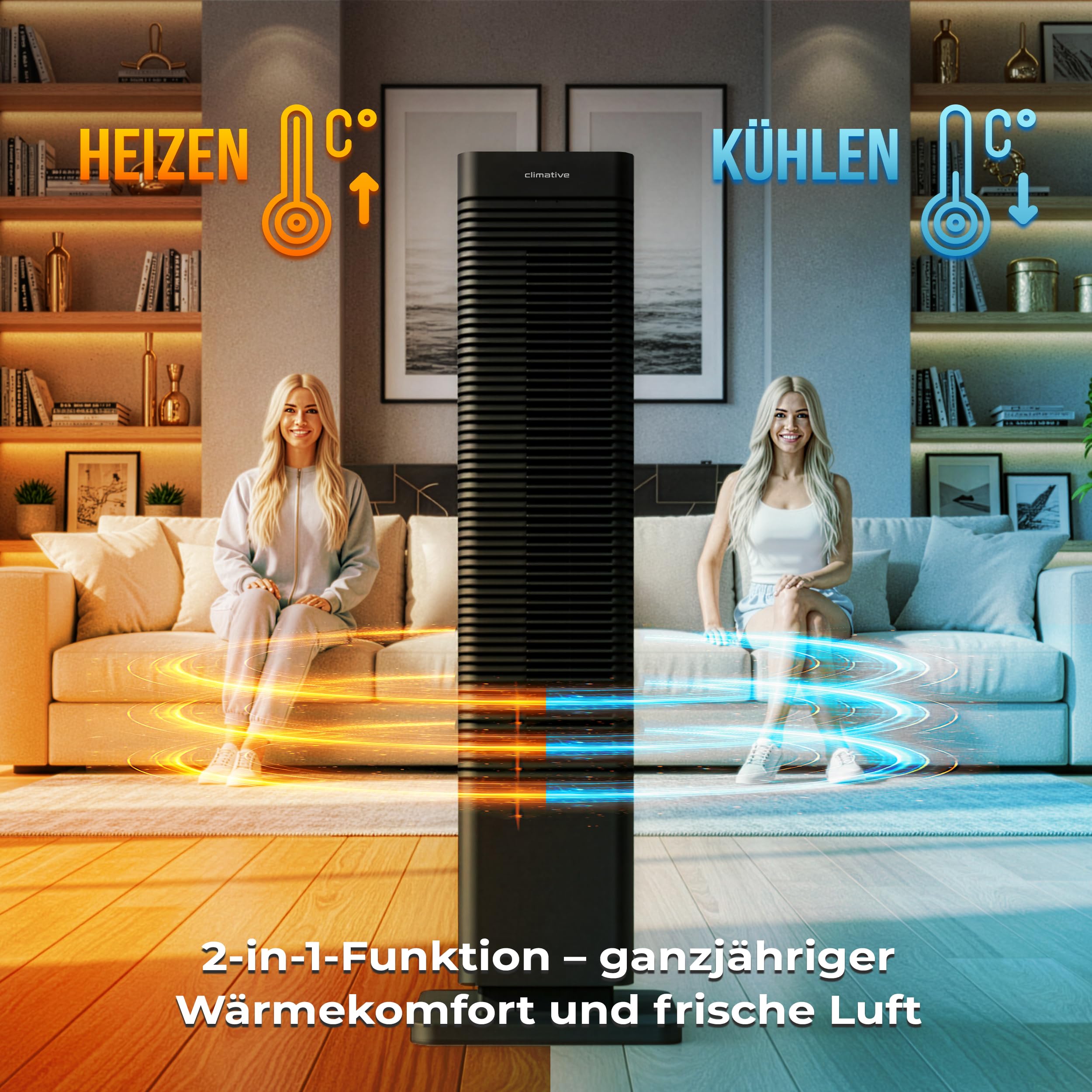 Turmventilator 2in1 Kühlen & Heizen, 2000W PTC Keramik, WiFi Standventilator mit Fernbedienung, Oszillation