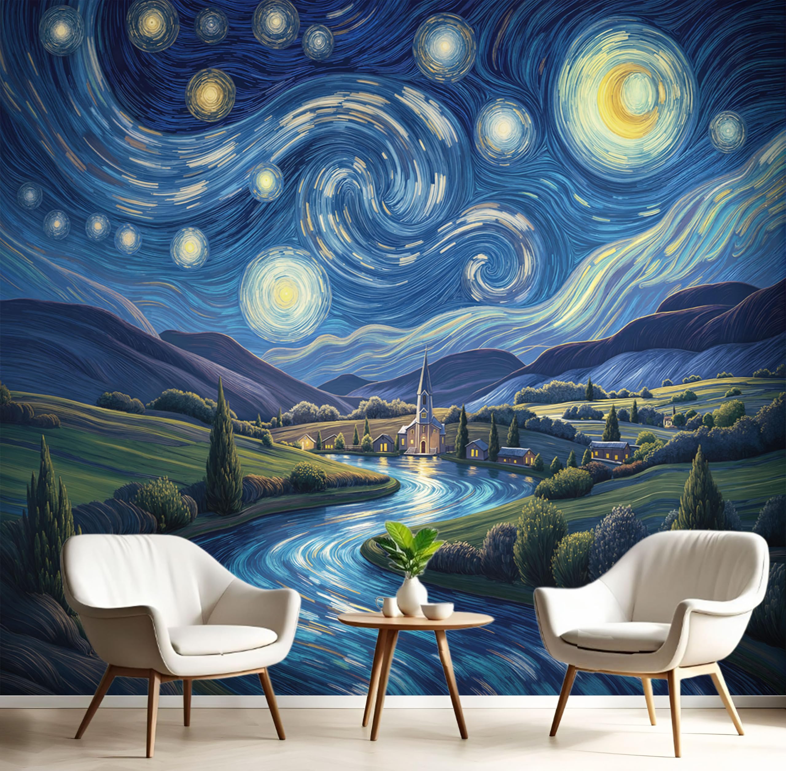 Papier peint panoramique village sous le ciel étoilé de votre chambre