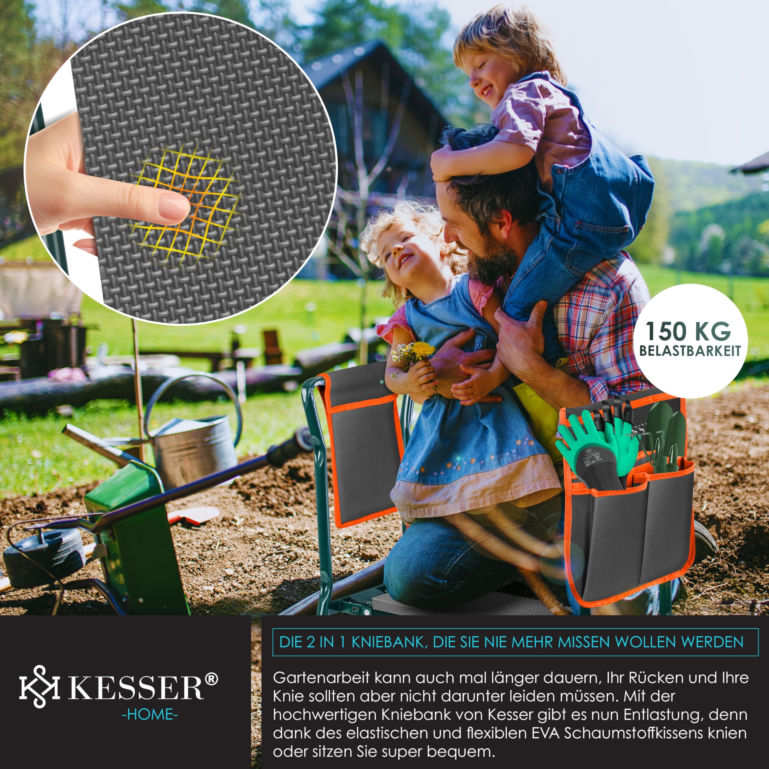 KESSER® 2 en 1 XXL Genouillère de Jardin Rembourrée Coussin d'assise avec 2X Trousses à Outils Banc de Jardin Réglable en Hauteur 60 x 50 x 27 cm jusqu'à 150 kg, Anthracite Orange
