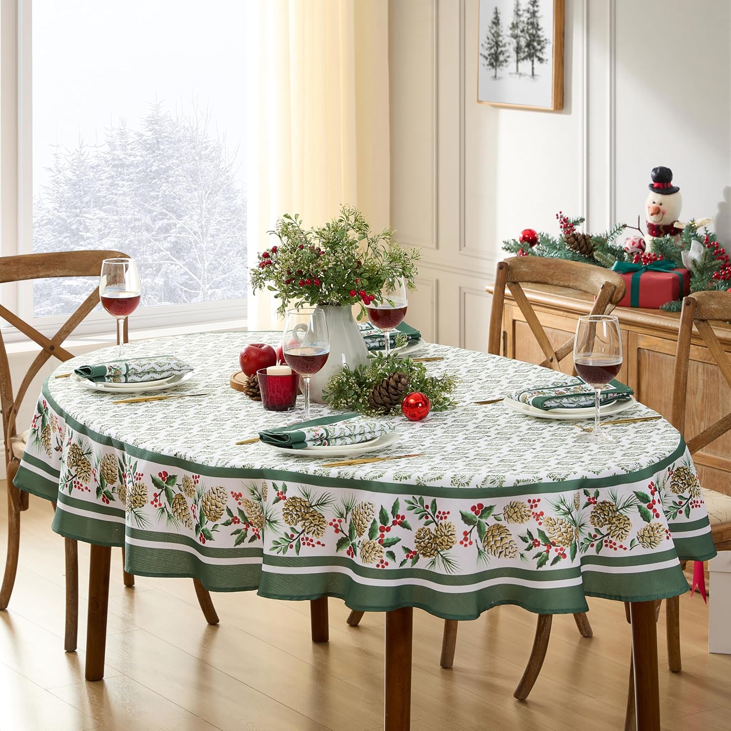 Newbridge Christmas Holly Pinecone Border 60 x 84 Inch Oval Fabric Tablecloth, Holiday Hunter Green Border on White Background Fabric Table Cover for Dinner Party and Banquet