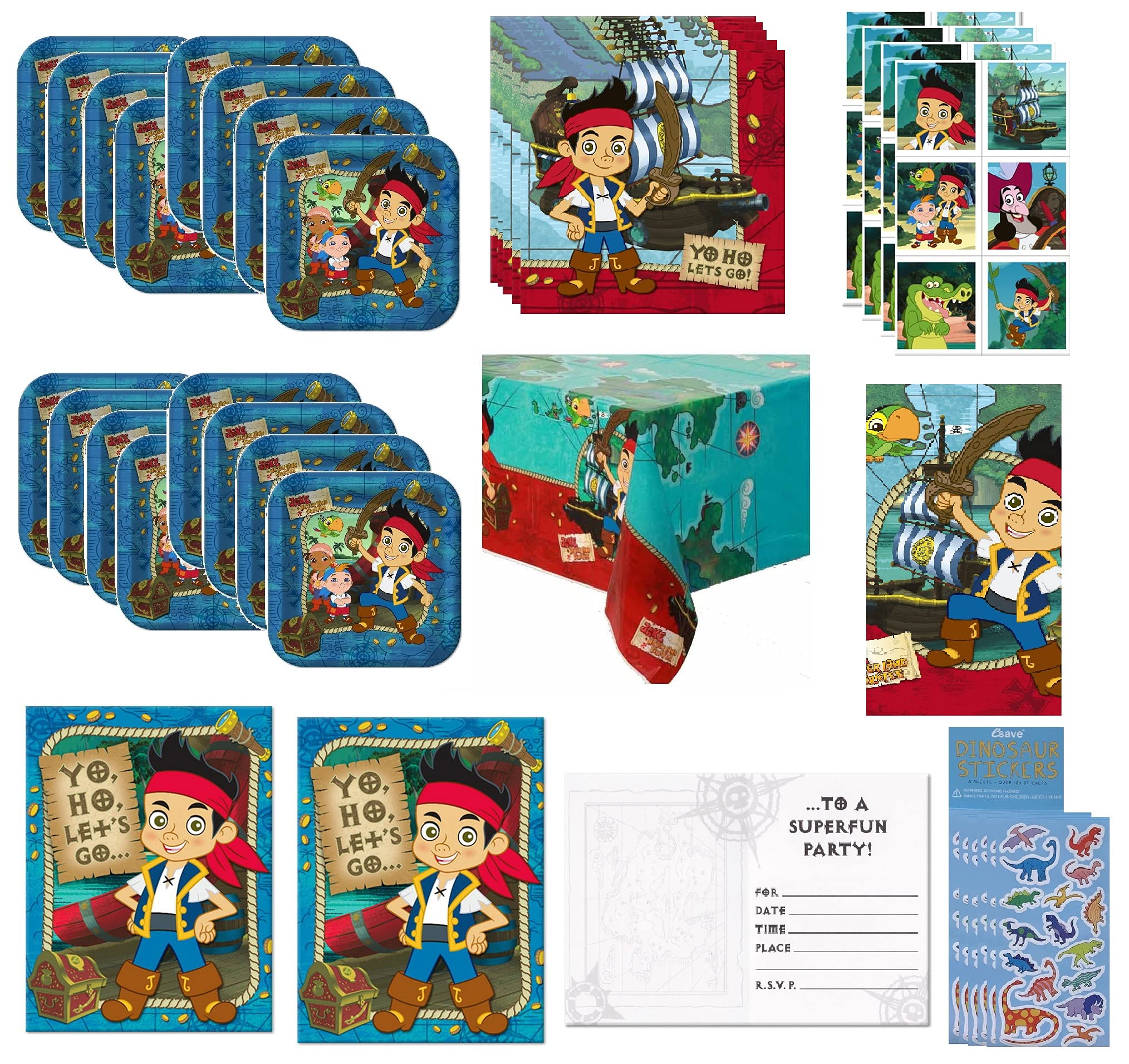 Jake and the Nverland Pirates Birthday Party Supplies Bundle includes Lunch Plates, Napkins, Table Cover, Invitations, Stickers - Serves 16