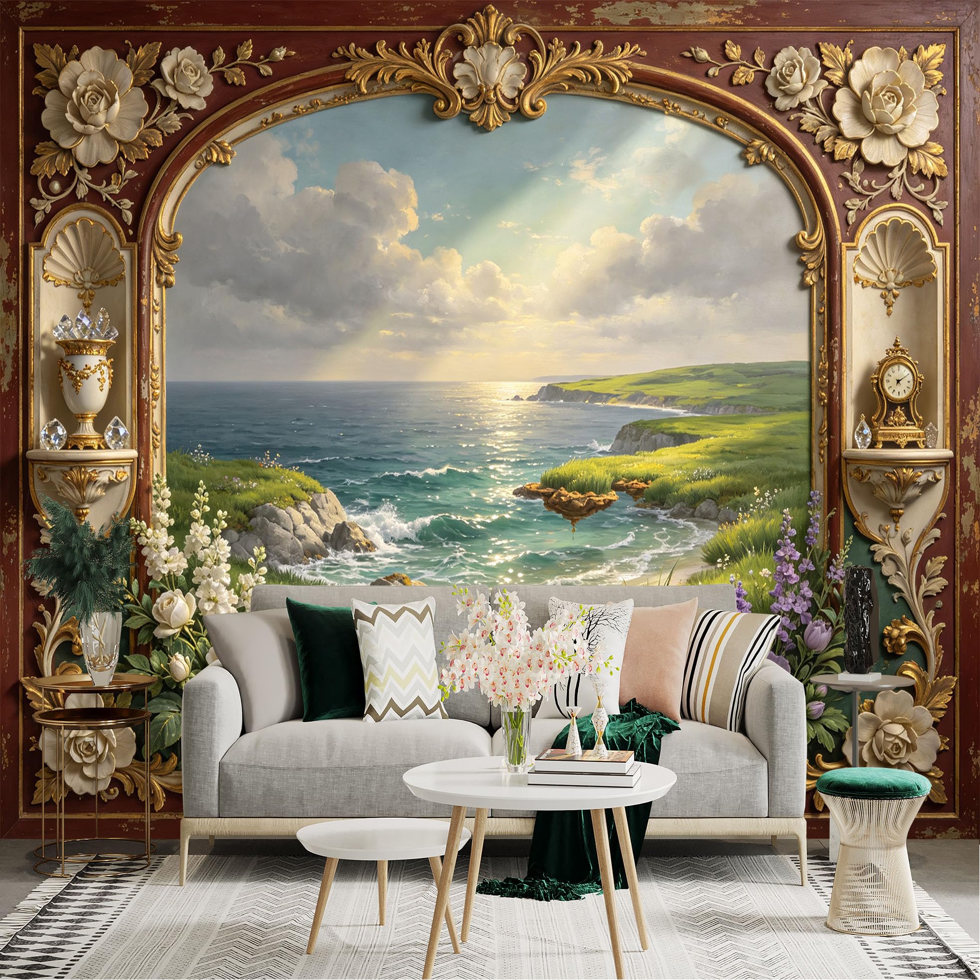 Lnzczhyre Bh260719117 Custom Size Wall Sticker Mural， Coastal Ocean Scenery With Flowers， Vintage Gold Frame， Seascape View， For Wall Decoration， Peelandstick Wall Decals.