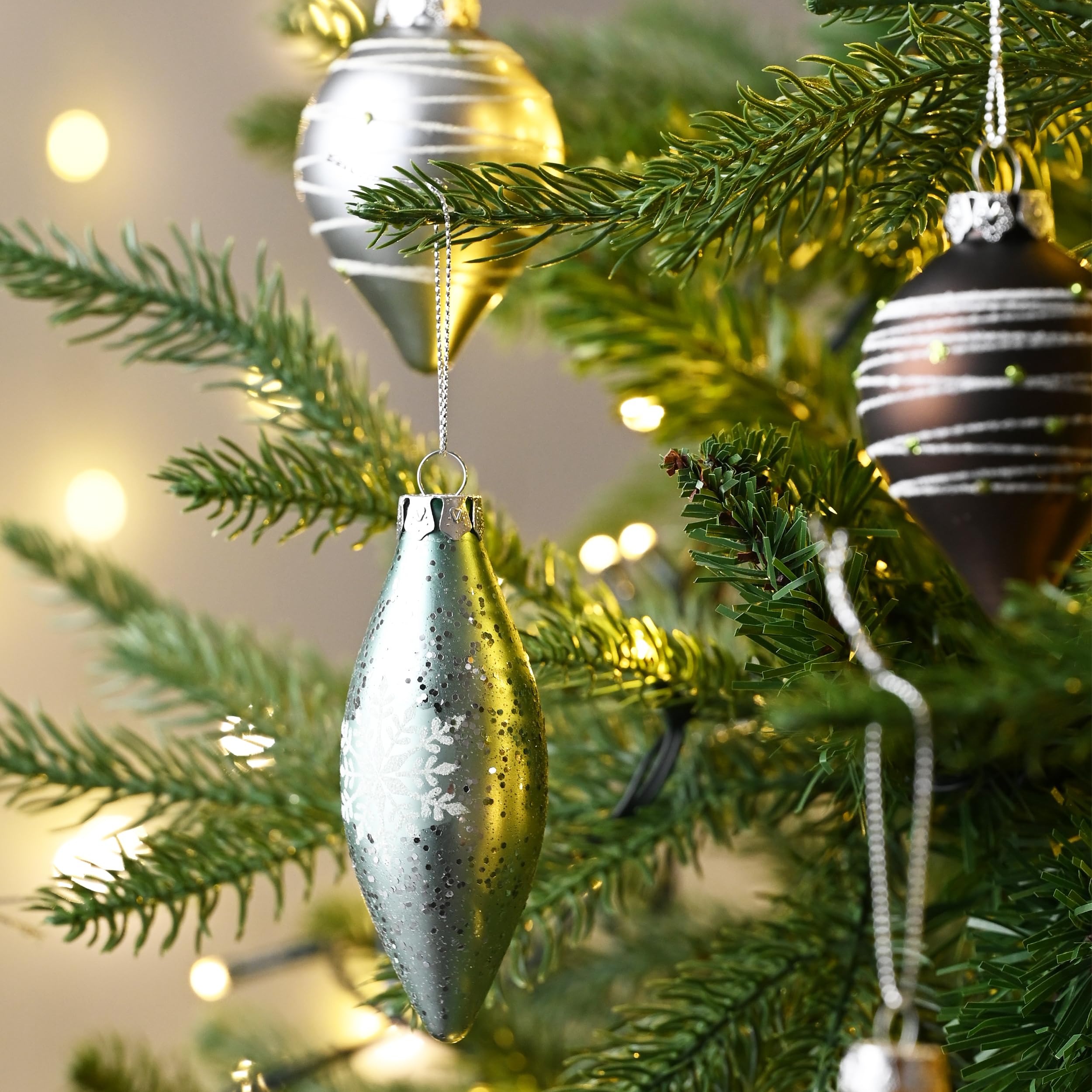 Valery Madelyn Ensemble de Boules de Noël en Verre - Blanc, Marron, Argent et Vert 24 pcs 6-10 cm - Ornements pour Décoration d'Arbre et Sapin