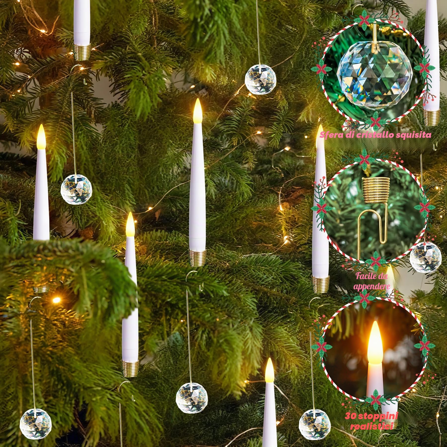 Yeelida Confezione da 12 Candele LED Corte 1,2cm x15,5cm sfarfallanti a distanza con 12 ganci a sfera di cristallo, Temporizzatore a batteria in plastica bianca senza fiamma per decorazioni festive
