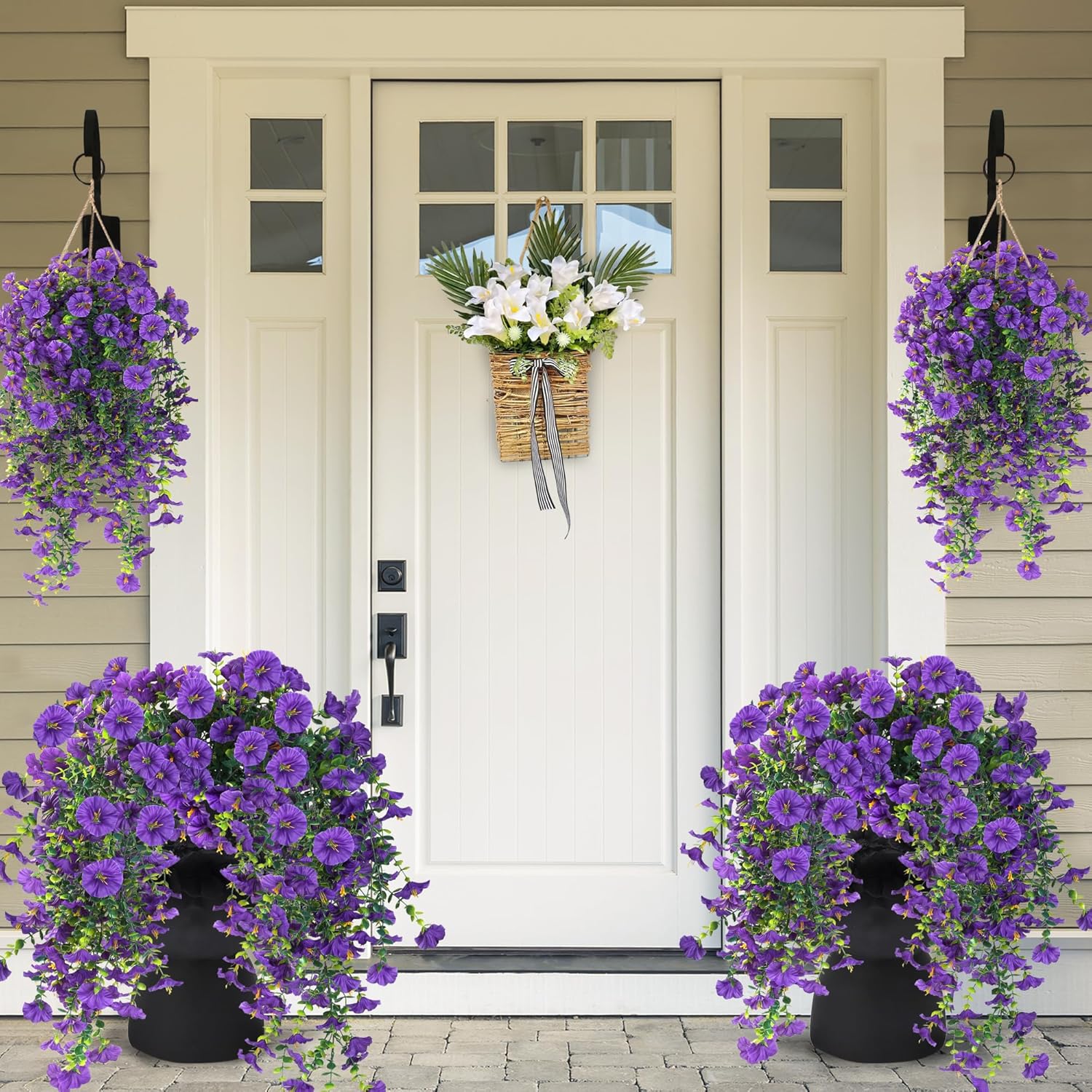 Sggvecsy Artificial Fake Hanging Flowers Plants for Outdoor Outside Spring Summer Decoration 2PCS Faux Silk UV Resistant Realistic Morning Glory with Eucalyptus for Home Porch Patio Balcony(Purple) - Image 2