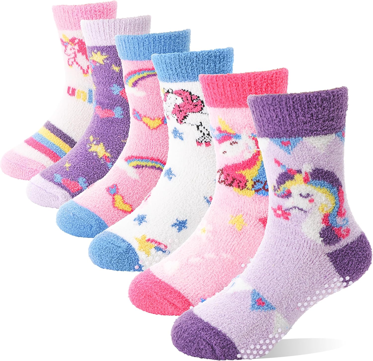 ANTSANG Kids Girls Toddlers Fuzzy Grips Socks with Grippers Non Slip Fluffy Warm Cozy Cabin Plush Crew Socks 6 Pairs