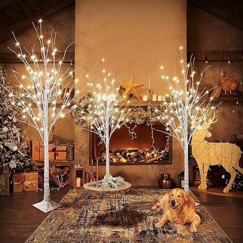 Hooseng LED Lighted Tree Lamp,3 Pieces Birch Tree with Lights ,4ft 5ft 6ft for Summer Wedding Festival Party Garden Christmas Holiday Indoor Outdoor Decor,Warm White