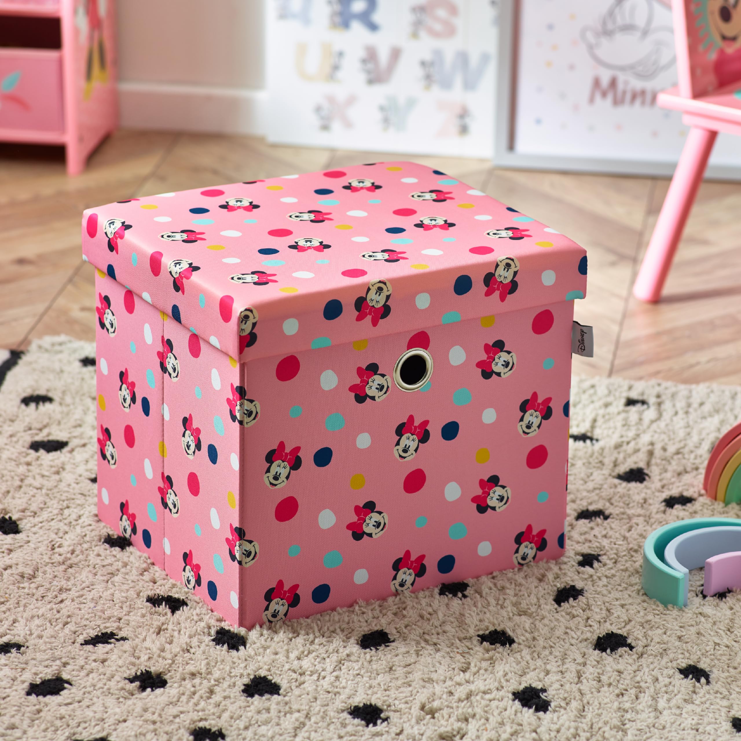 Disney Classic Minnie Mouse Caja de almacenamiento plegable con diseño de otomana, cofre de juguetes cuadrado con tapa para niñas, taburete para los pies, puede soportar hasta 30 kg, rosa