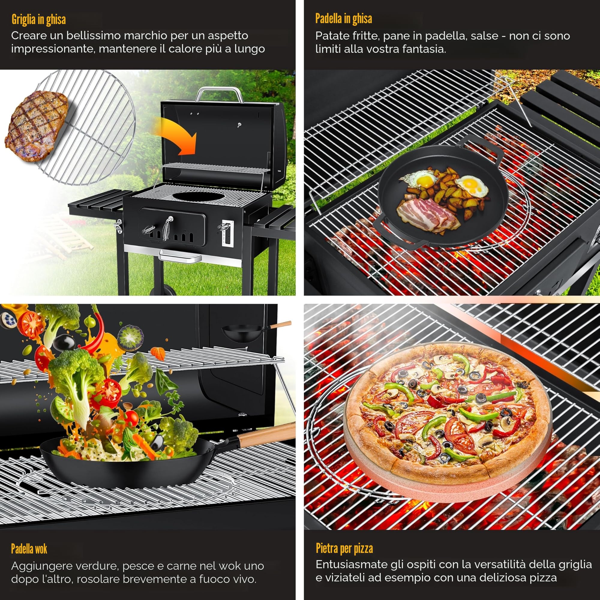 KESSER® Barbecue a carbonella XXL con Carrello, Coperchio, Acciaio Inox, Griglia e Termometro