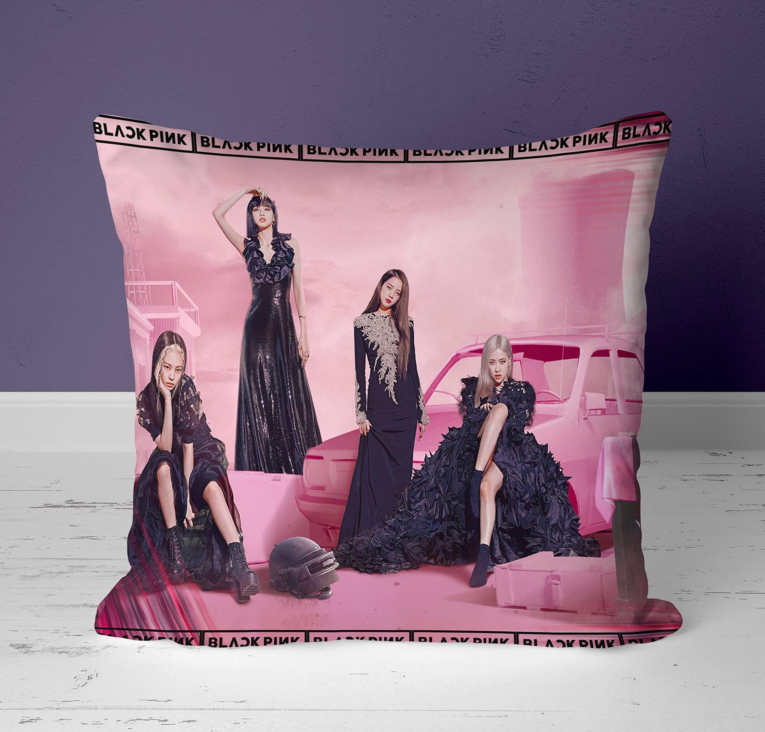 NH10 DESIGNSBlackpink Black Pink Printed Cushion Cover with Filler 12x12inch Front Print & Back Black Throw Pillow Cushion Cover for Sofa, Bed, Couches, Living Room (Set of 1) BPALLV 7