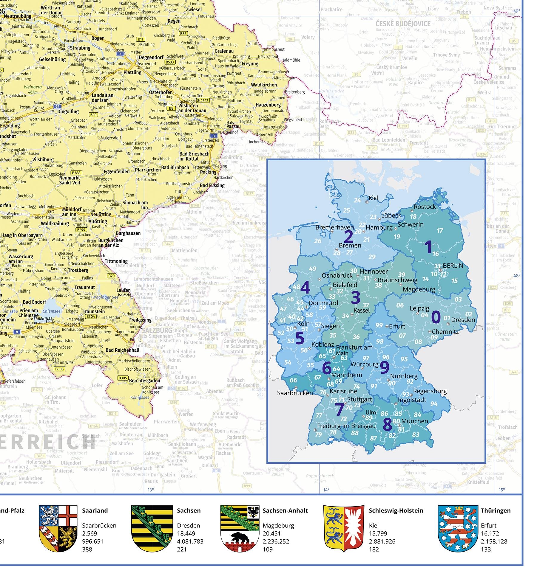 Politische Landkarte Deutschland - XXL DIN B0 - Deutschlandkarte 100x140 cm - Premium Poster mit PLZ, Bundesländern, Einwohnerzahlen - 1:660.000