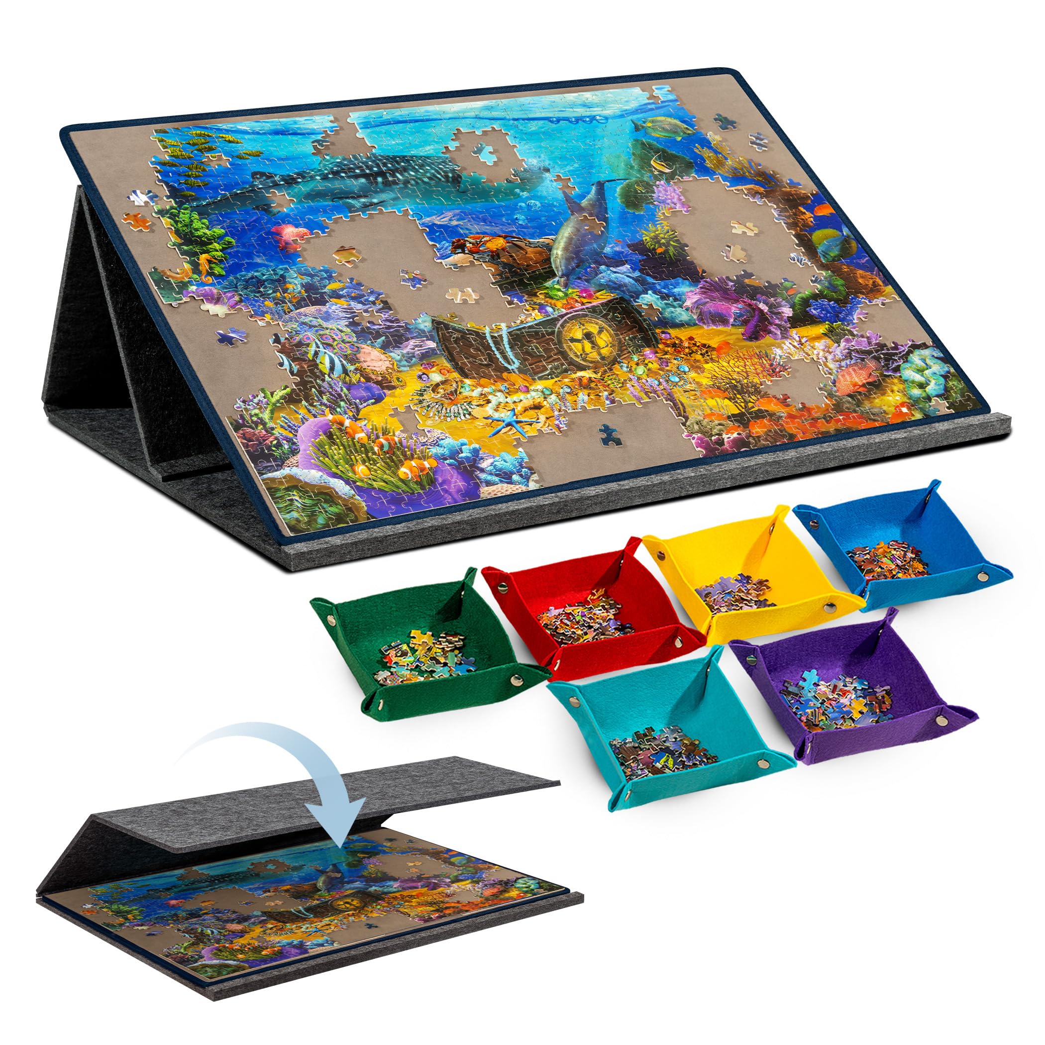 Becko US 1000 Piece Tilting Puzzle Board with 6 Trays & Cover, Adjustable Puzzle Table with Stand/Easel, Portable & Lightweight Mat for Puzzle Storage, for 1000 Pieces Jigsaw Puzzles (Gray)