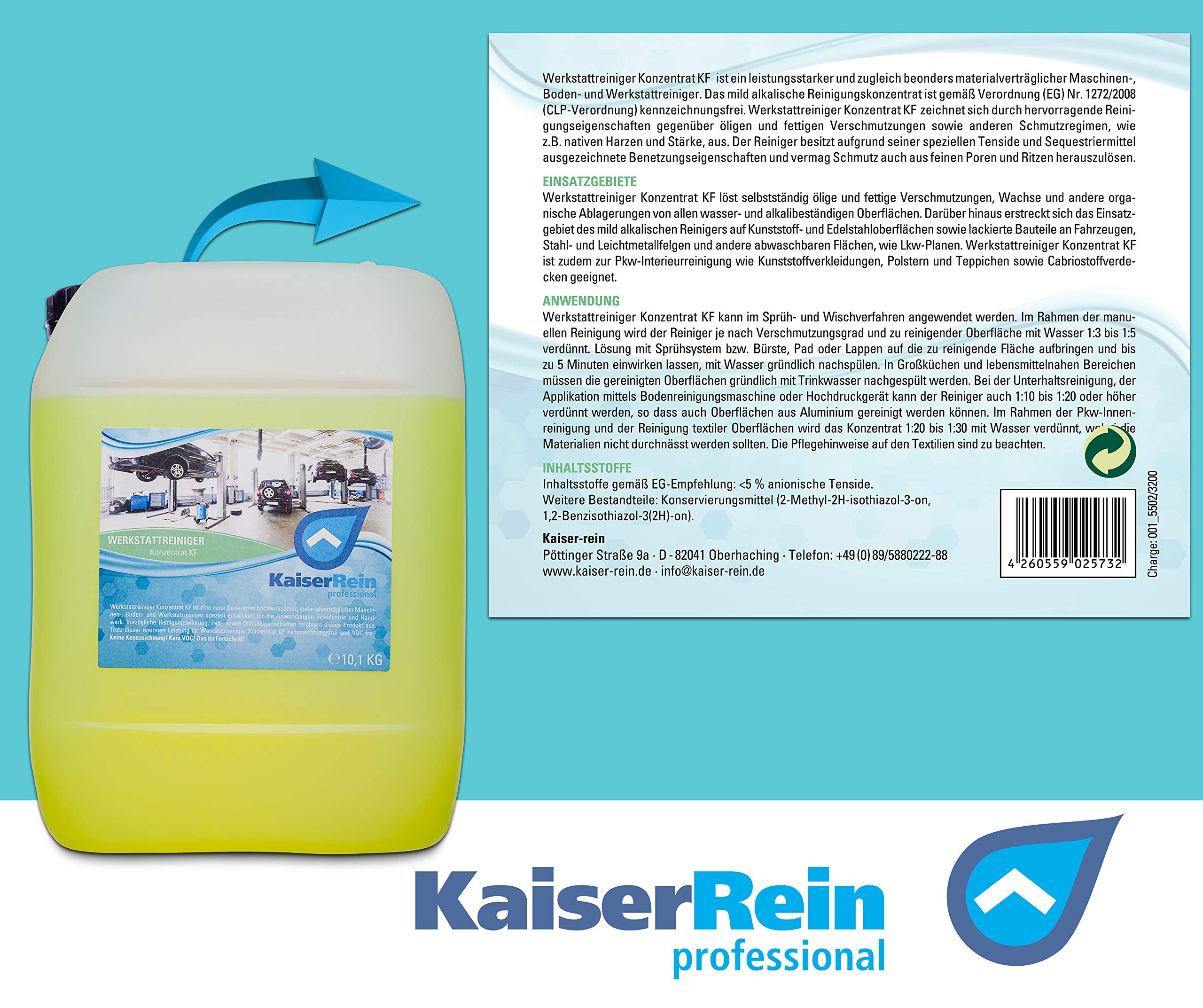 KaiserRein Werkstattreiniger Konzentrat KF im 10L Kanister (Inhalt 10,1kg) mit Pumpdrucksprüher ca. 1,5L Abd. ähnlich Boden Maschine Fahrzeug Universalreiniger Industriereiniger geeignet, HD Reiniger