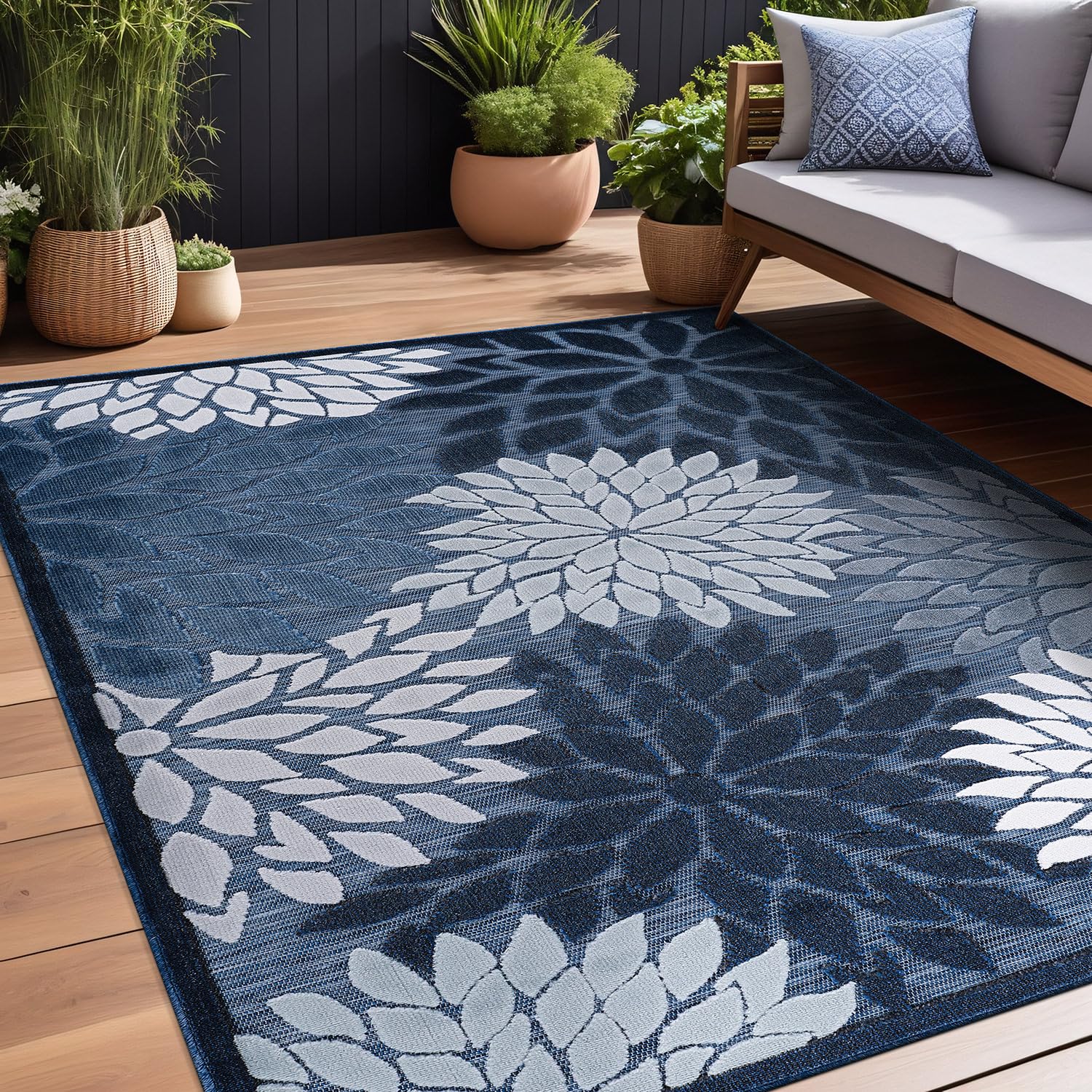 Beverly Rug Outdoor Rug 8x10 Modern Floral Tropical Area Rugs for Indoor and Outdoor Patio Easy to Clean Non Shedding Living Room Porch Garden Washable Outside Carpet (8 x 10 Navy Blue)